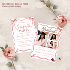 Pink Coquette Graduation Invitation 2026, Senior Grad Party Announcement with photo invite, Bow Theme College Graduates Printable Template