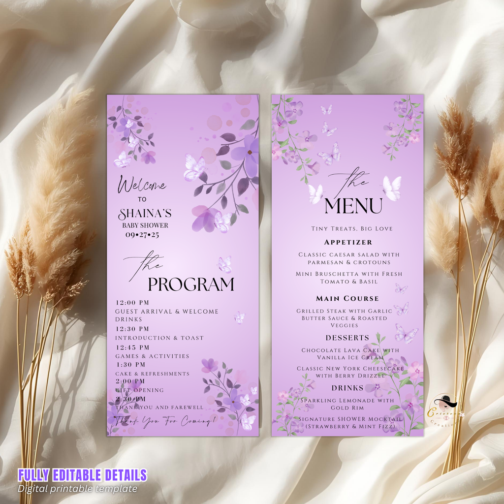 Wildflower Baby Shower Menu and Program Template, Baby In Bloom Menu Card Purple Butterfly Themed, Order Of Events, Canva Printable Template