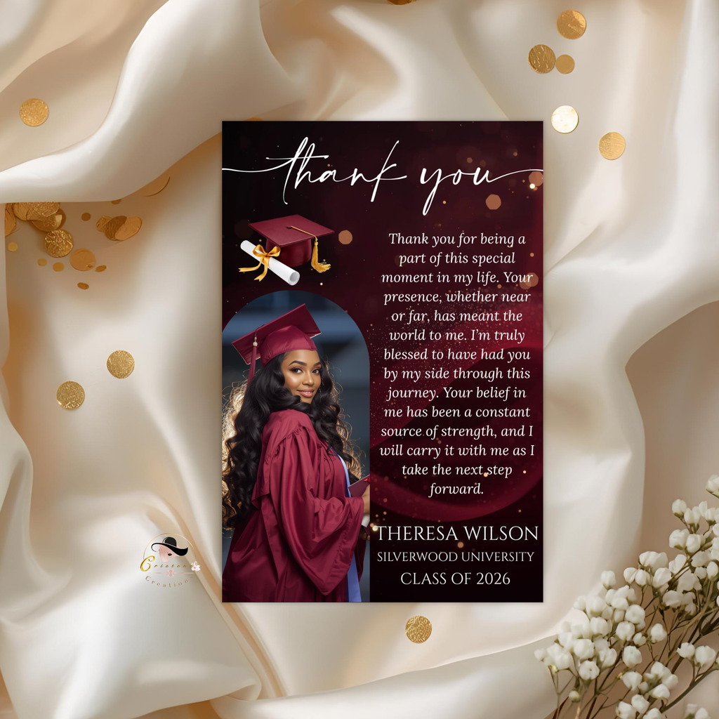 Graduation Thank You Card Template with Photo, Class of 2026 Grad Thank You Note for Him and her, Maroon Editable Canva Digital Printable