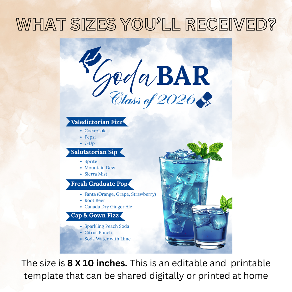 Graduation Soda Bar Menu, Editable Custom Soda Sign Template, Graduation Party Decor, Class of 2026 Grad Drink Station, Printable Template
