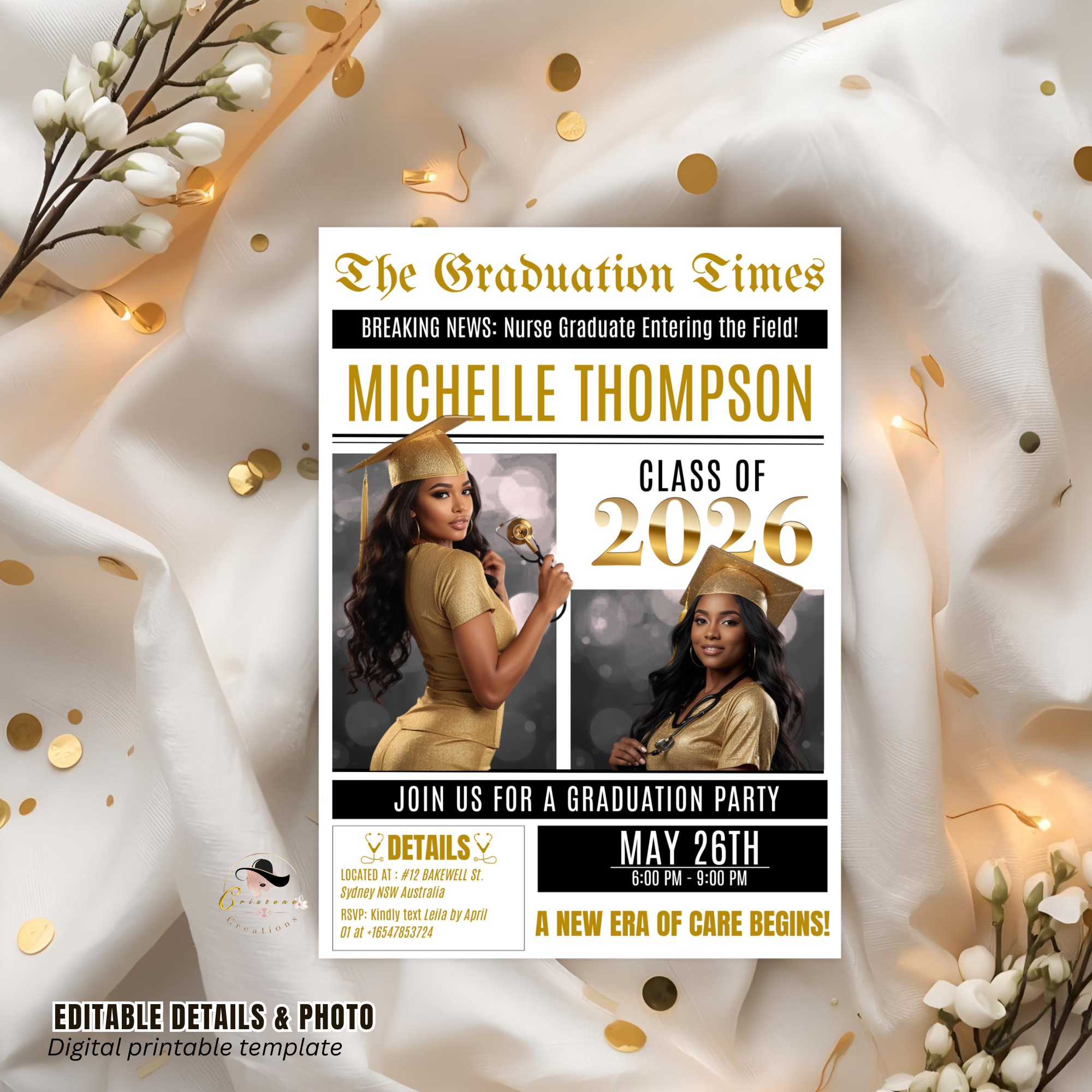 Black gold Newspaper Nurse Graduation Invitation, RN Pinning Ceremony with photo invite, Girl LPN Nursing Graduates, Boy BSN Flyer Template