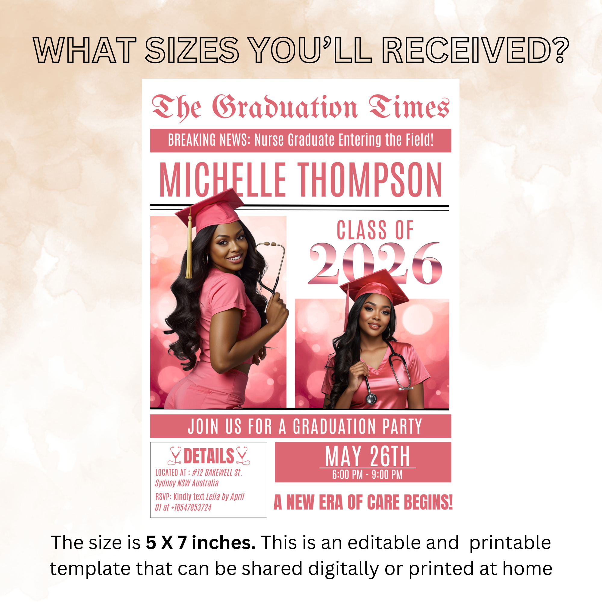 Pink Newspaper Nurse Graduation Invitation, 2026 RN Pinning Ceremony with photo invite, LPN Nursing Graduates, Woman BSN Flyer Template