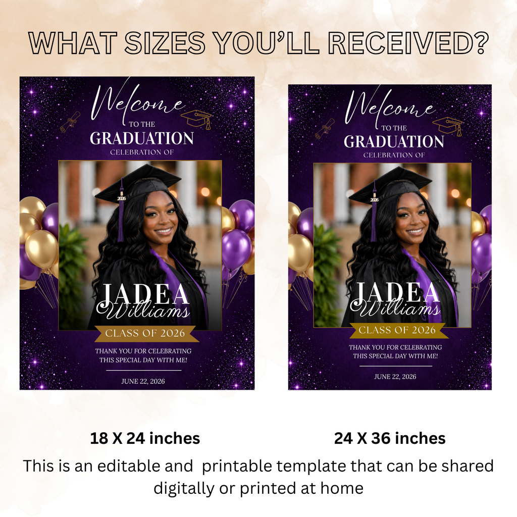 Purple Graduation Party Welcome Sign with Photo, High School College Grad Dinner Brunch Sign for him and her, Editable Printable Template