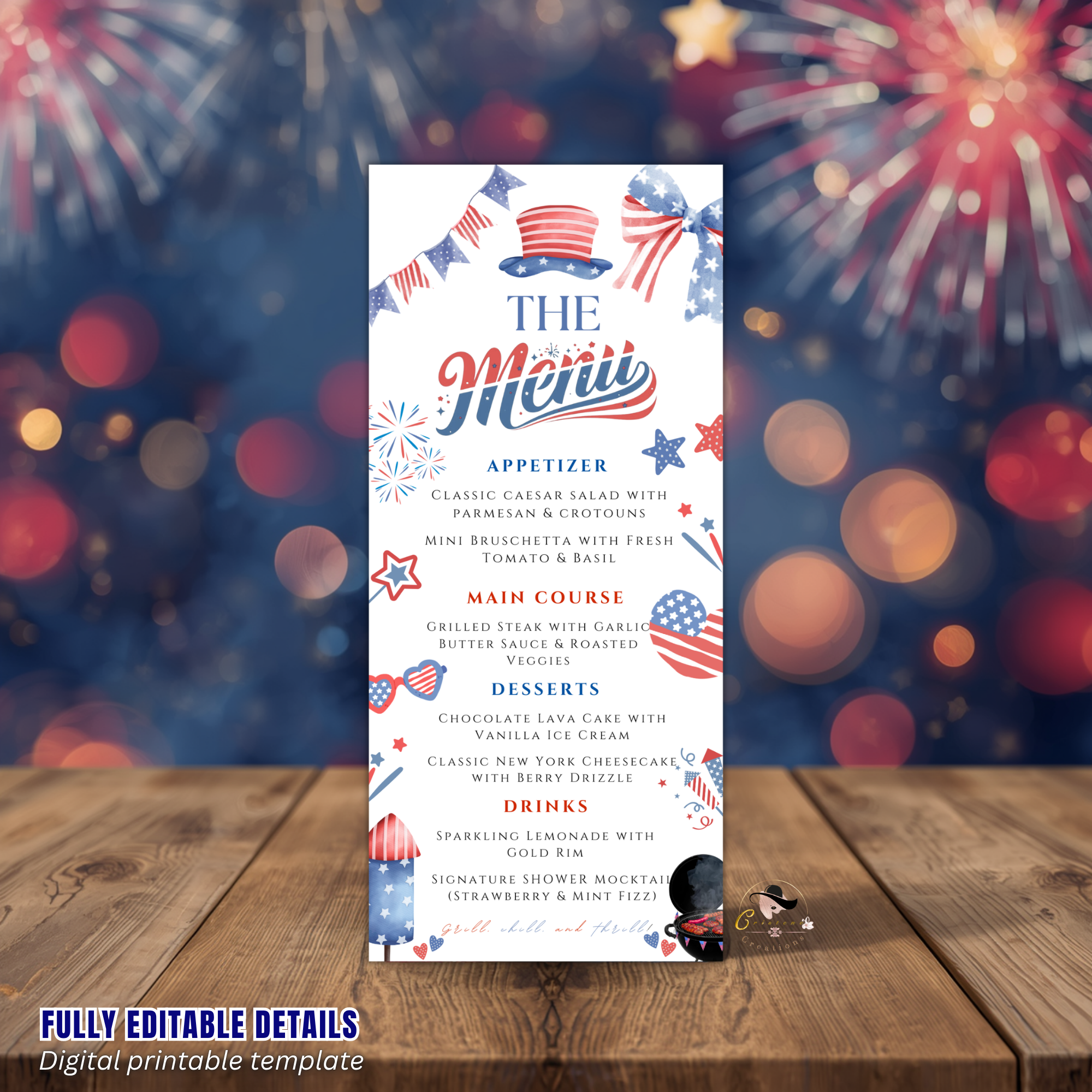 4th of July Party Menu, USA Independence Day Cookout BBQ Menu Card, Patriotic Menu, July Fourth Menu, Editable Canva Printable Template