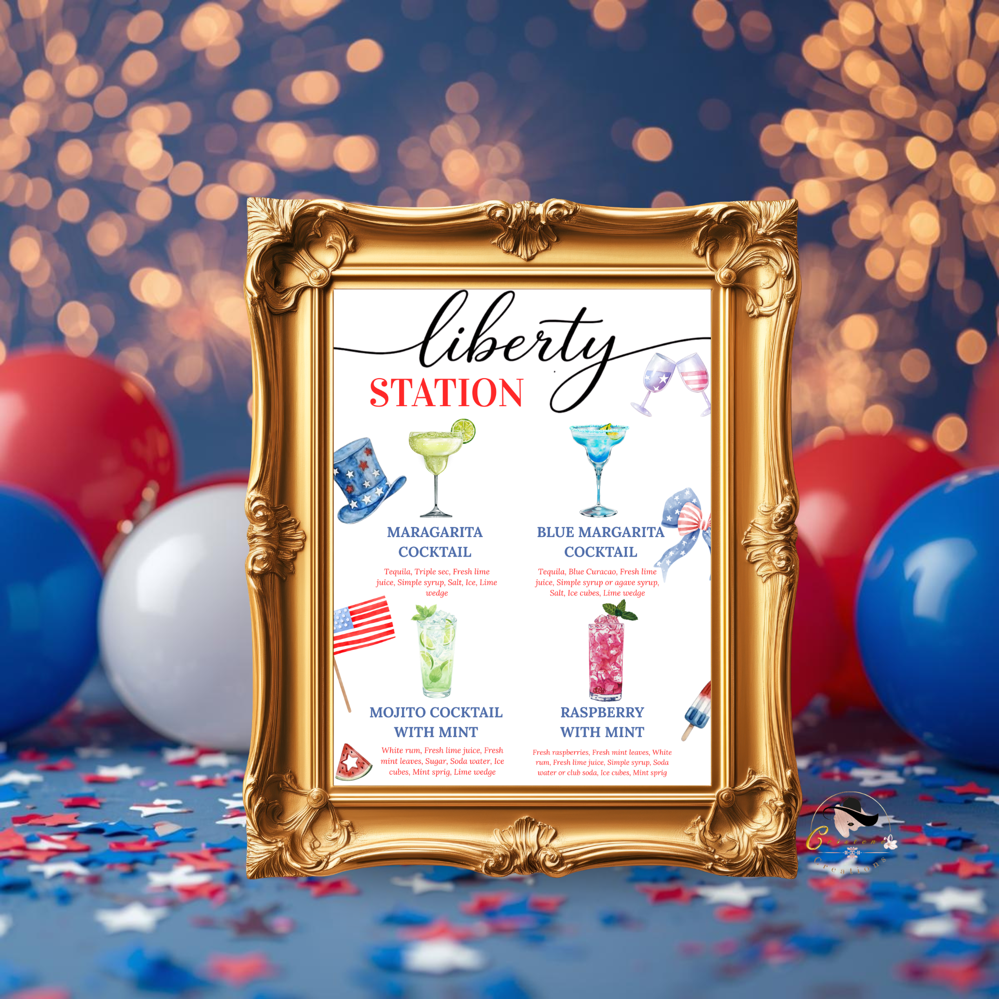 4th of July Drink Menu Sign, Patriotic Signature Drinks, Fourth Of July Cocktails Sign, Red White Blue Printable Template