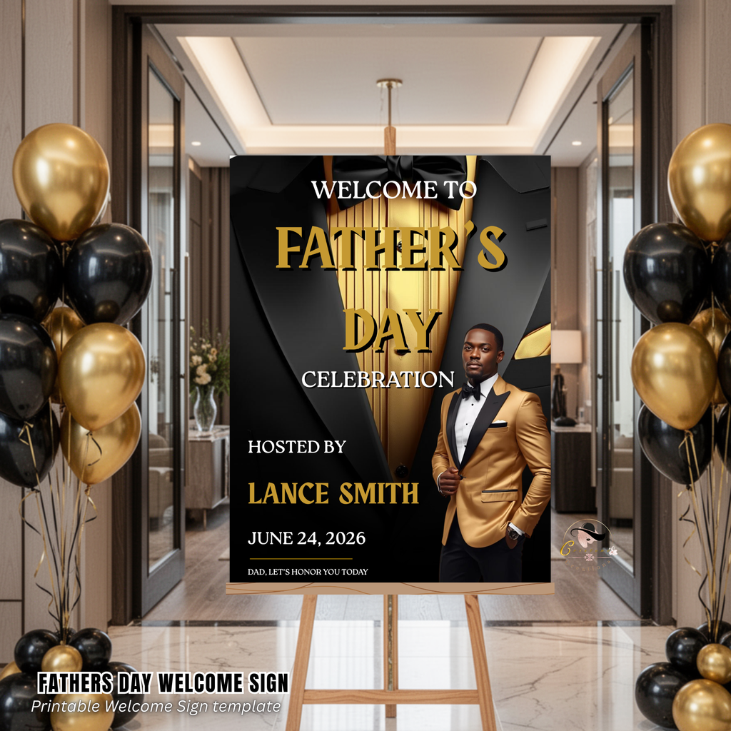 Fathers Day Welcome Sign with Photo, Tuxedo Theme Dad Party Poster Sign, Brunch Dinner Drinks Celebration, Editable Canva Printable Template