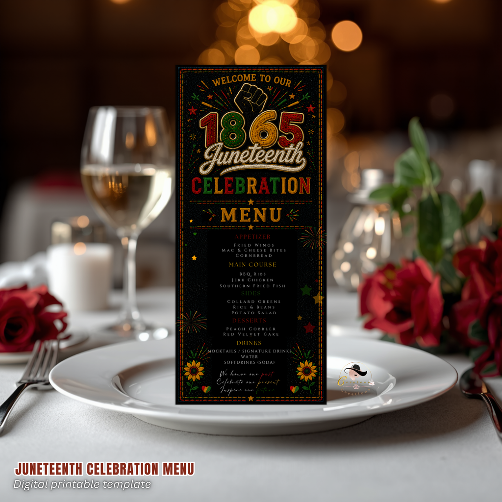 Juneteenth Party Menu Template, June 19th Emancipation Day Black Freedom Celebration, 1865 Dinner Menu Card, Bbq Cookout Printable Menu