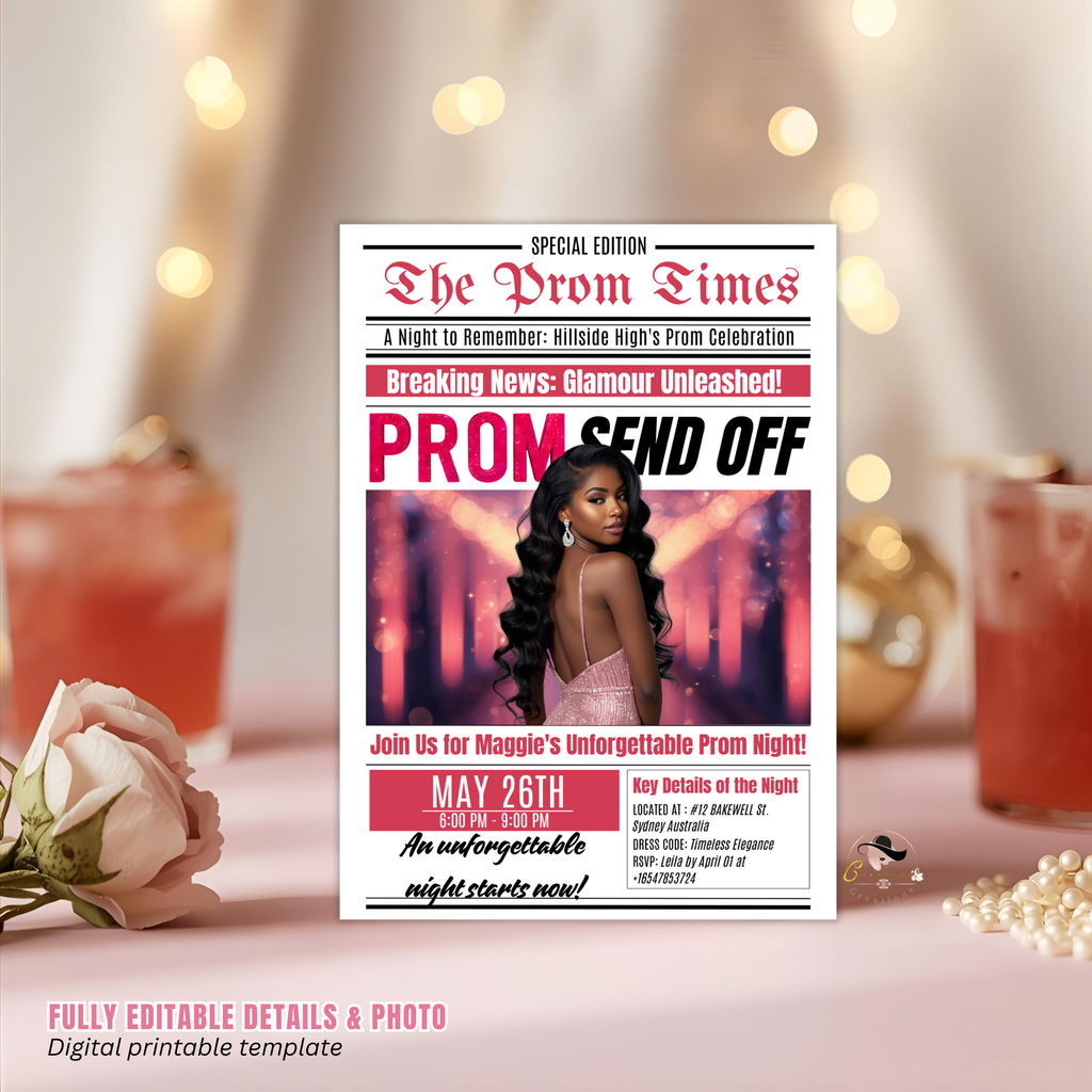 Pink Newspaper Prom Send Off Invitation, Prom Queen with photo invite, Teen Girl Prom Night Party Flyer Card, Digital Printable Template