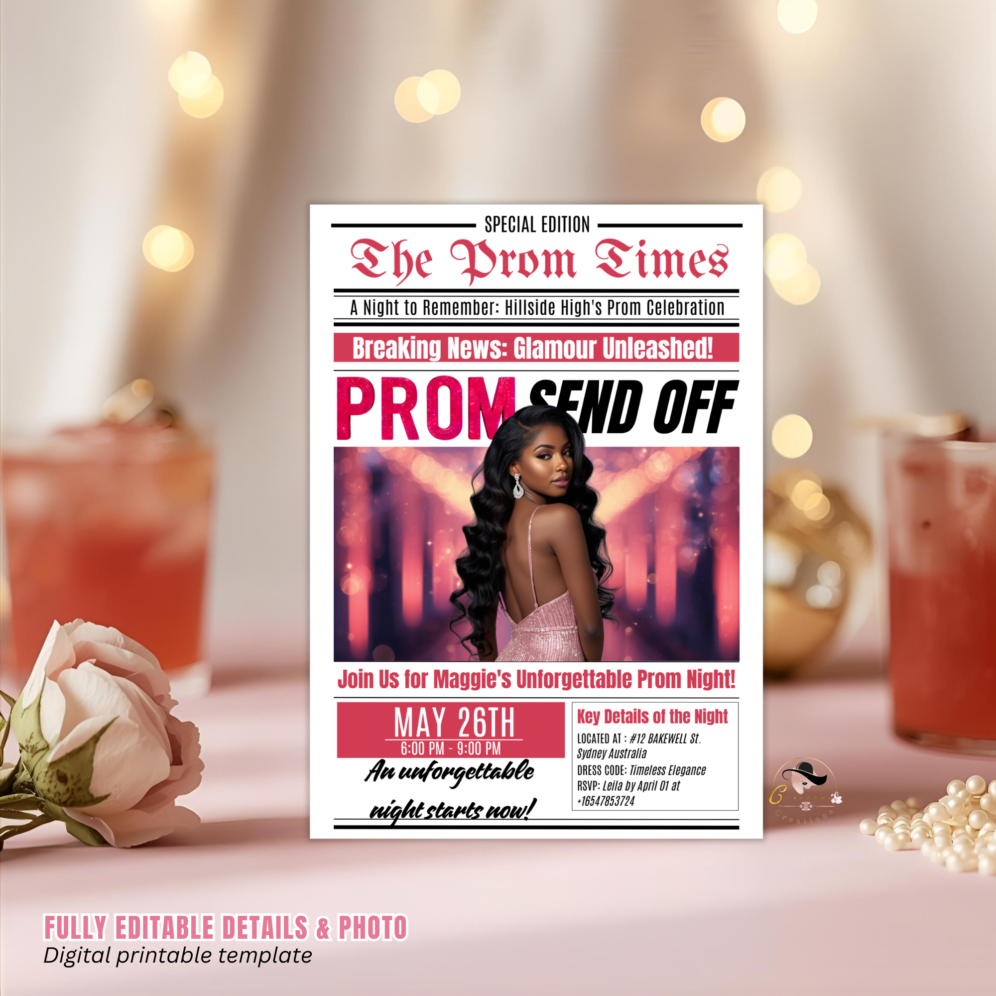 Pink Newspaper Prom Send Off Invitation, Prom Queen with photo invite, Teen Girl Prom Night Party Flyer Card, Digital Printable Template