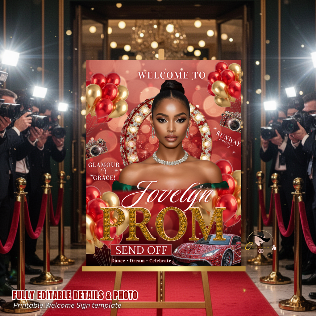 Red Gold Prom Send Off Welcome Party Sign, Prom Queen Poster Sign with photo, Entrance Party Board Sign, Glam Hollywood Printable Template