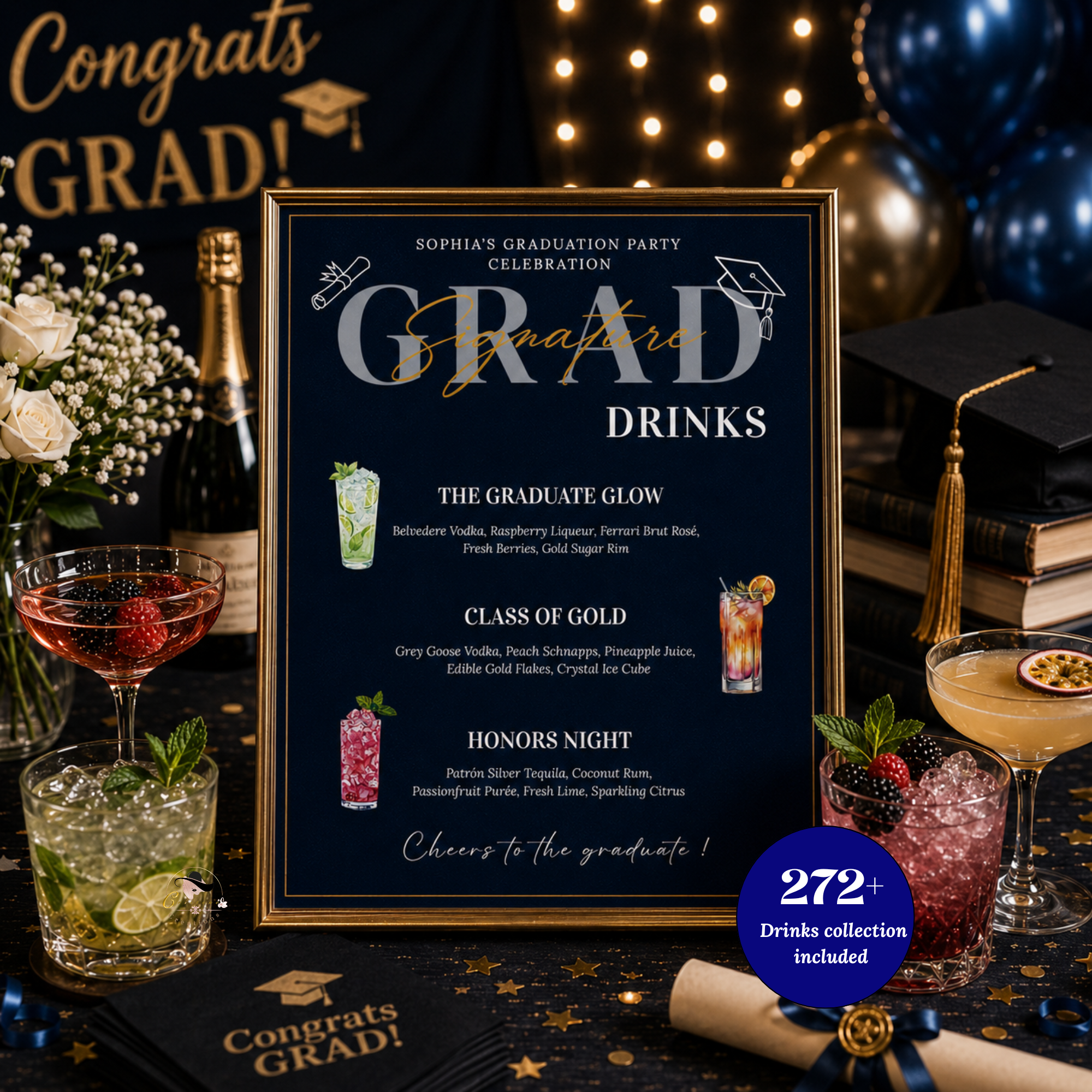 Blue Graduation Signature Drinks Menu Sign, Senior Grad Bar Menu Template, Soda Bar Menu, Class of 2026 Printable for High School College