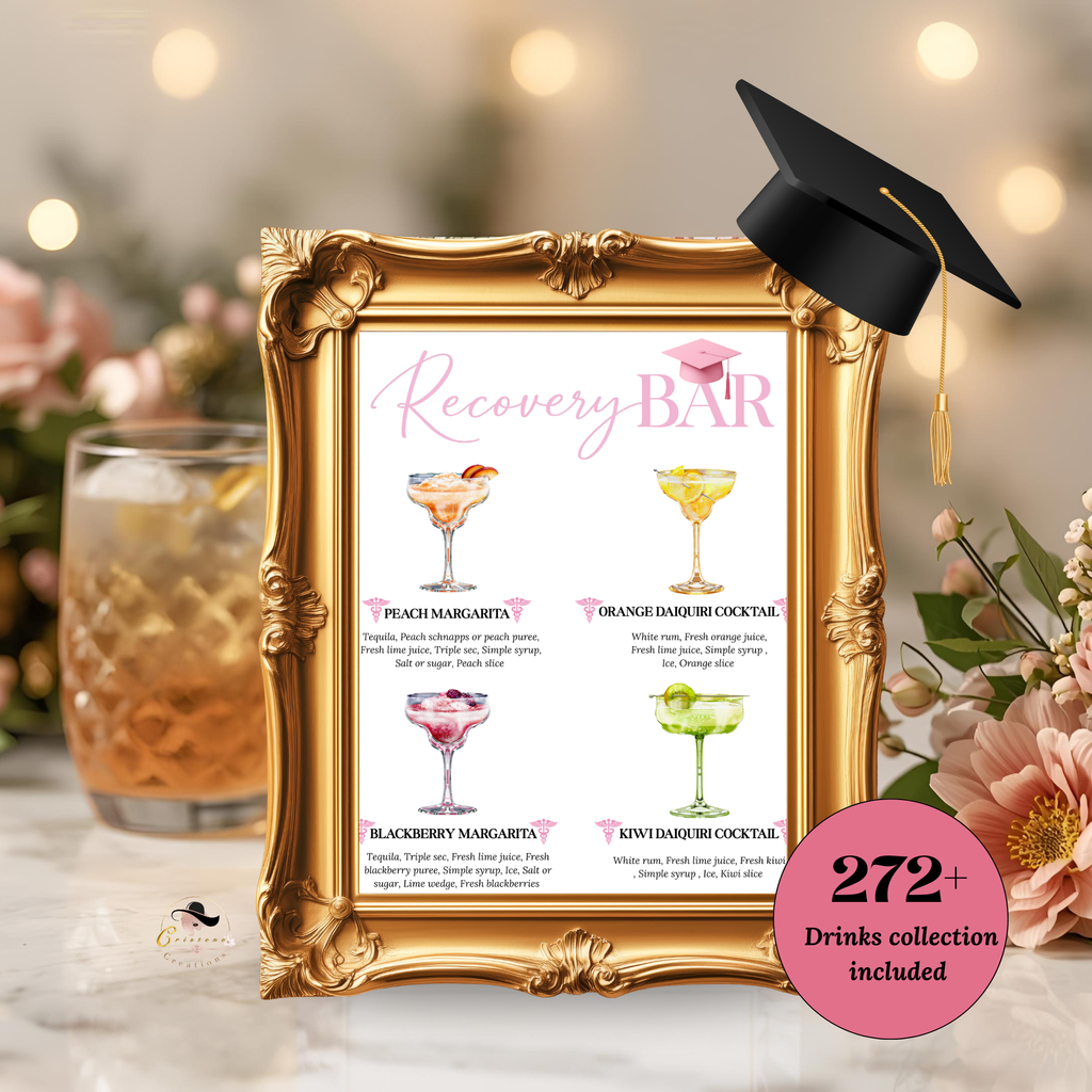 Nurse Graduation Drink Sign Template, Pink RN LPN CNA Cocktail Menu Card, Signature Drinks Bar, Hydration Station, Editable Canva Printable