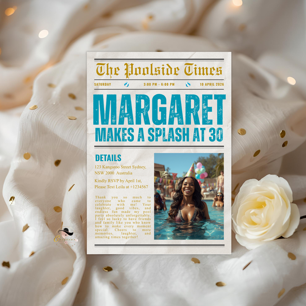 Birthday Pool Party Invitation with Photo, Newspaper Style Summer Tropical Adult Birthday Invite, Luau Invite, Printable Canva Template