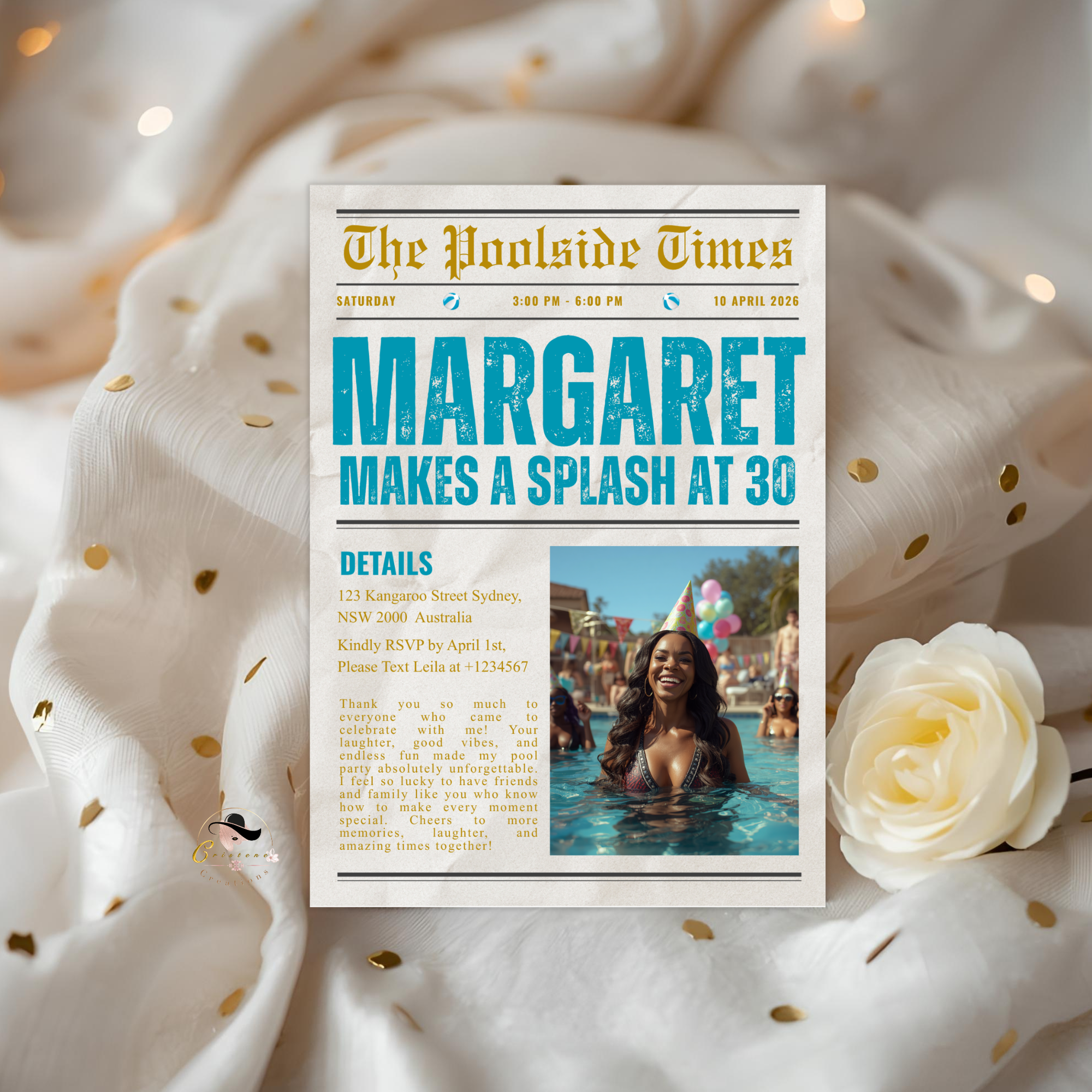 Birthday Pool Party Invitation with Photo, Newspaper Style Summer Tropical Adult Birthday Invite, Luau Invite, Printable Canva Template