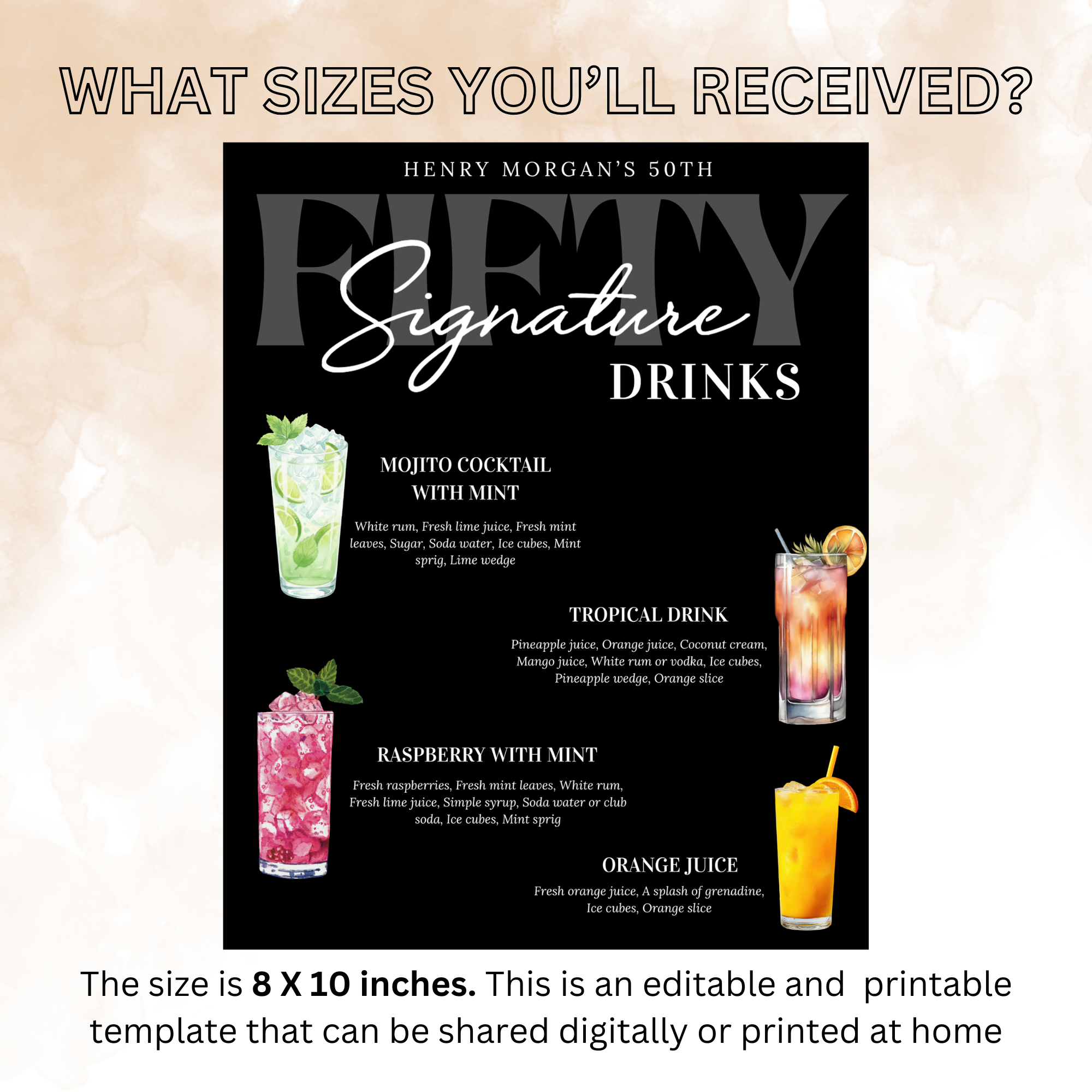 50th Birthday Signature Drink Sign, Editable Drink Menu Template, Milestone Birthday Bar Menu, Retirement Party Drinks, Canva Printable