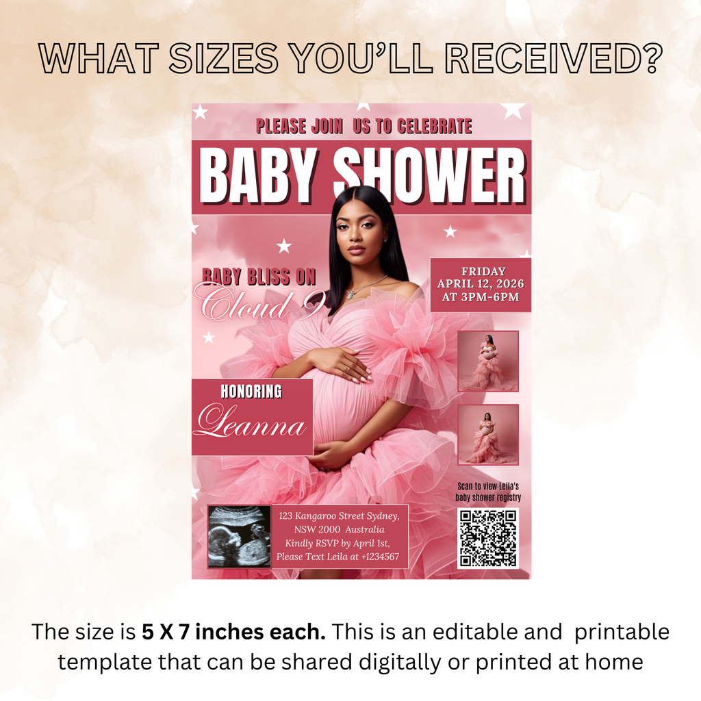 Cloud 9 Baby Shower Invitation with Photo, Pink Baby Girl Shower Invite, Cloud Nine Invite, Printable Editable Digital Template