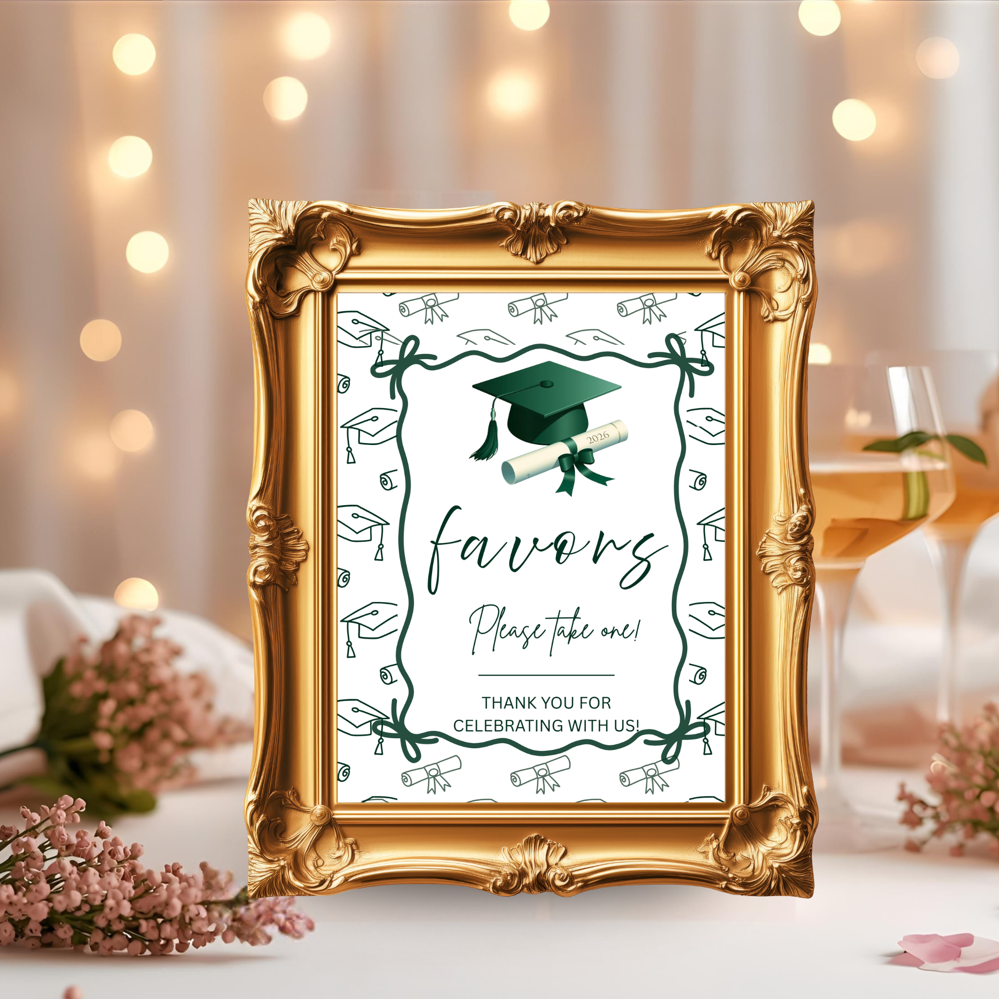 Green Coquette Graduation Table Signs Bundle, Senior Grad Favor sign, College Fund Sign, Food Sign, Graduates Party Decor Printable Template