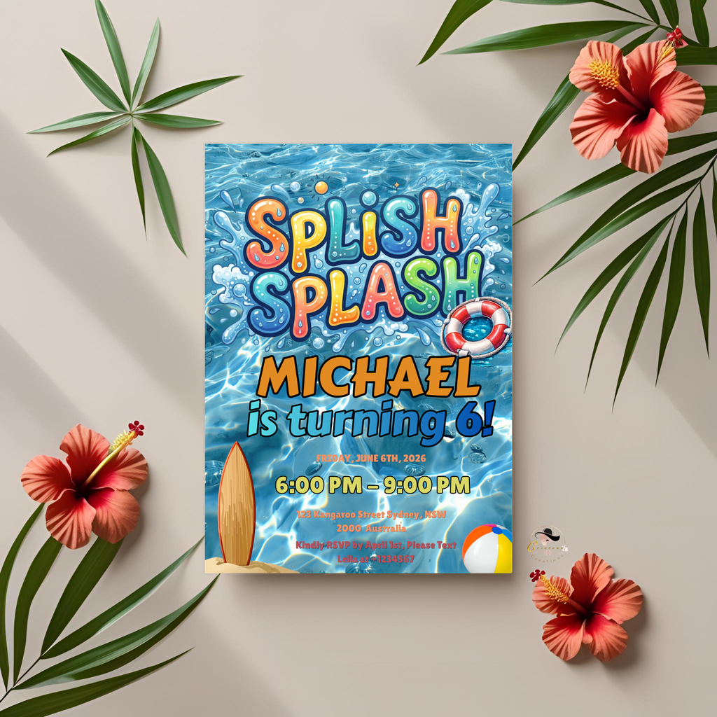 Pool Party Birthday Invitation for Boy, Kids Summer Beach Party Invite, Splish Splash Invite, Blue Printable Editable Digital Template