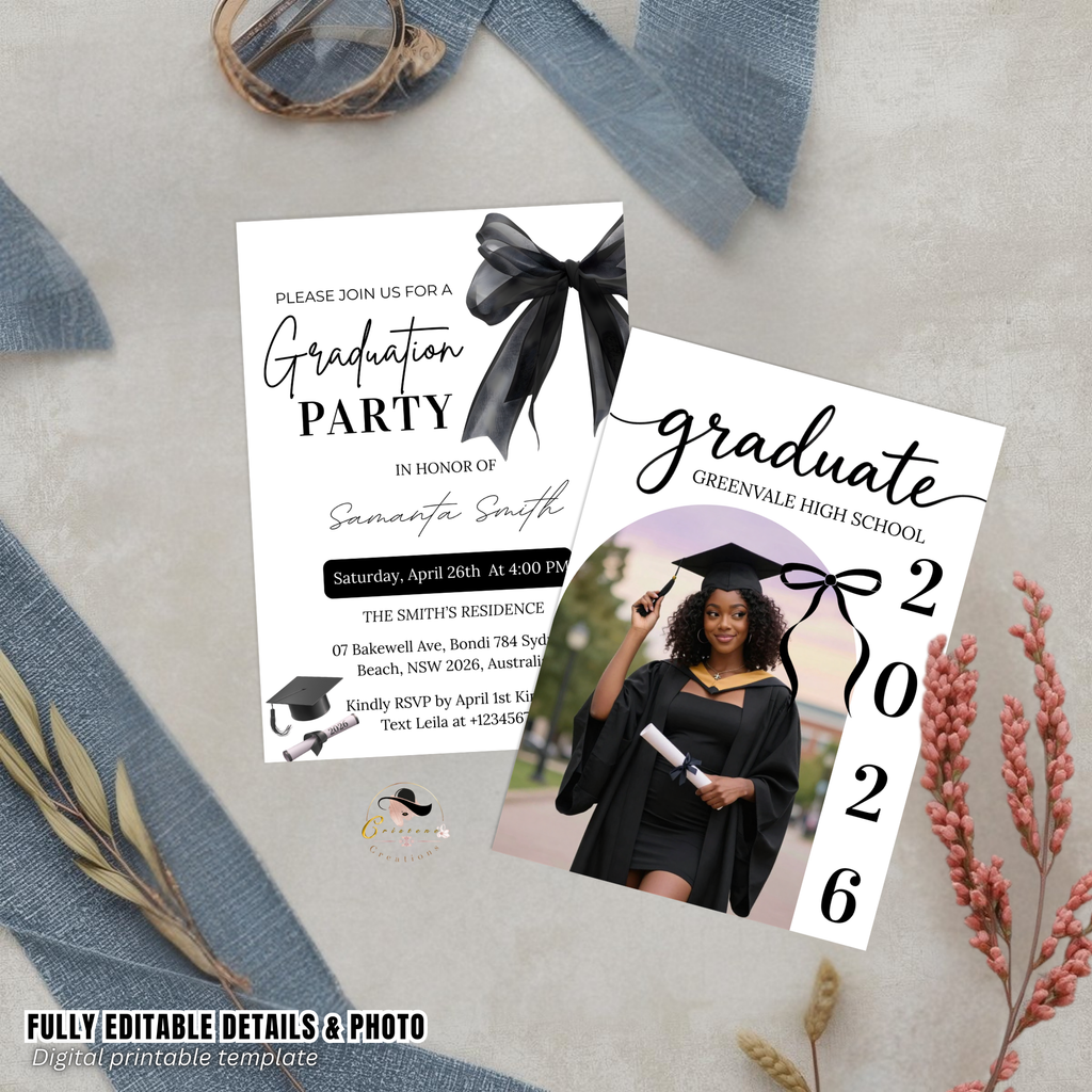 Coquette Graduation Invitation 2026, Woman Senior Grad Party Announcement with photo invite, Bow Theme College Graduates Printable Template