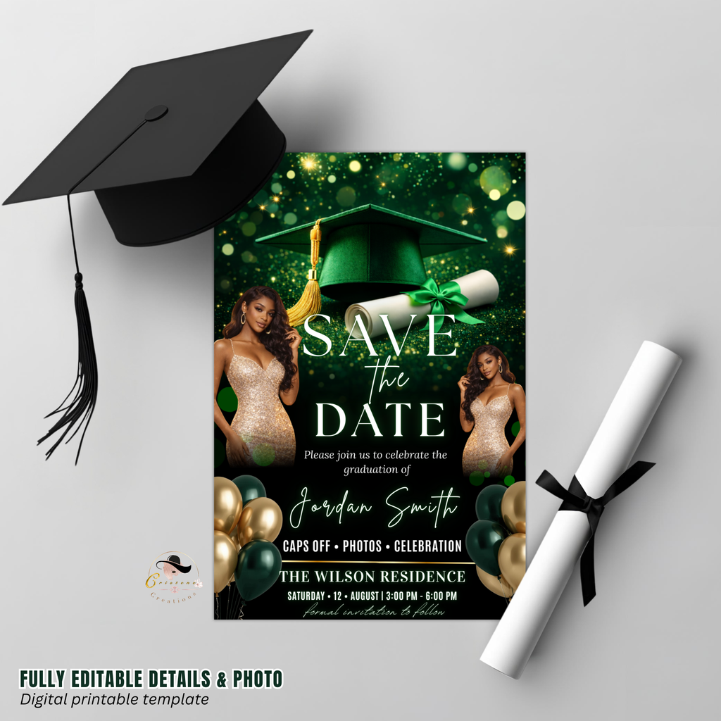 Green Graduation Save The Date Invitation, Senior Grad Announcement Card with photo invite, Class of 2026 Flyer, Digital Printable Template