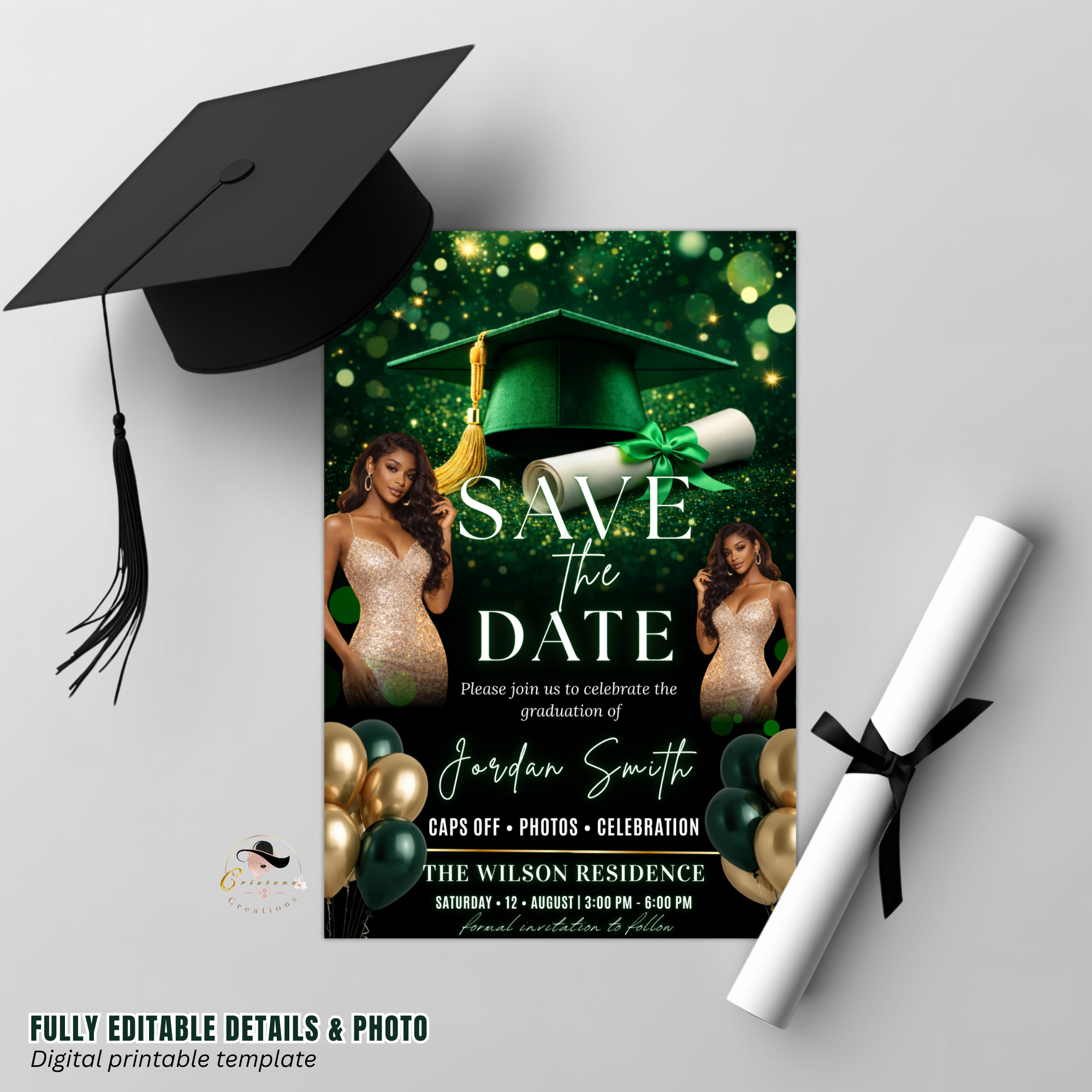 Green Graduation Save The Date Invitation, Senior Grad Announcement Card with photo invite, Class of 2026 Flyer, Digital Printable Template