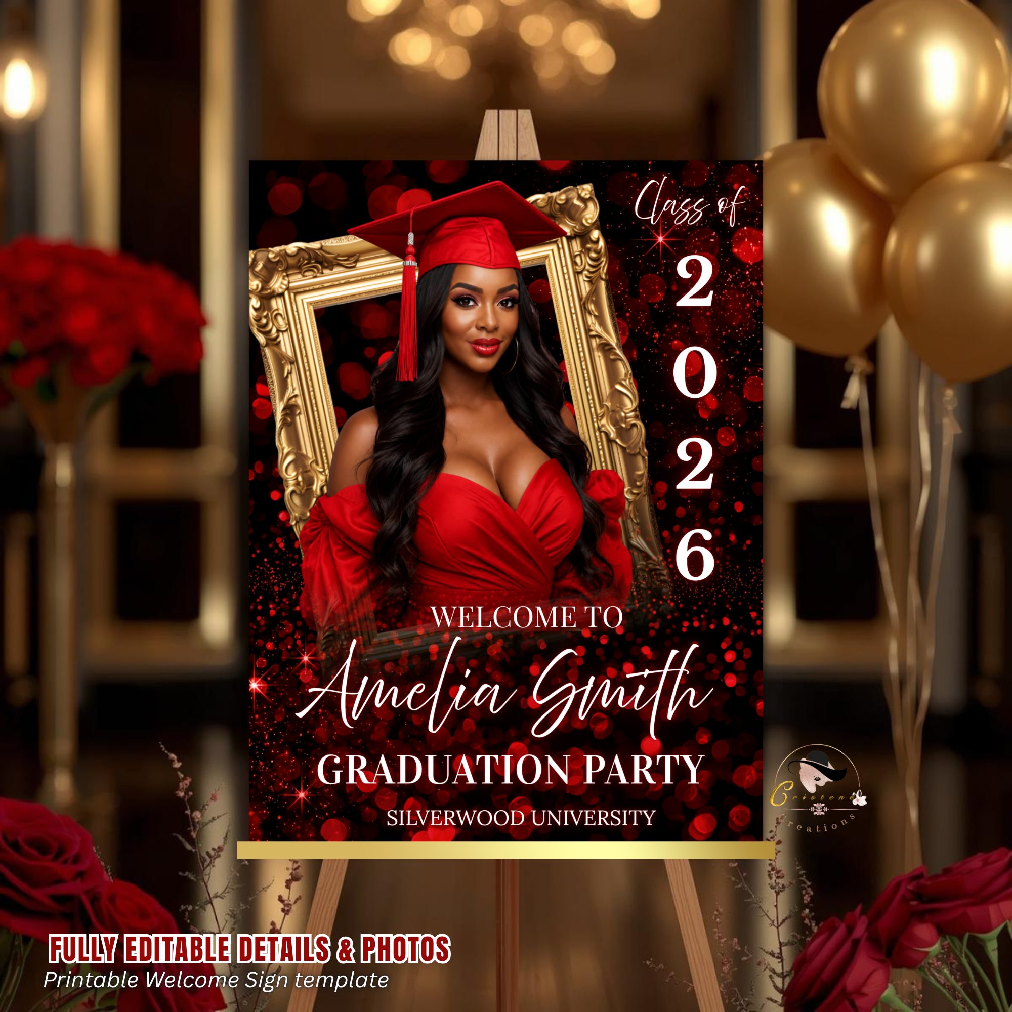 Red Graduation Welcome Sign with Photo for Him and Her, Class of 2026 High School College Party Poster Sign, Canva Printable Template