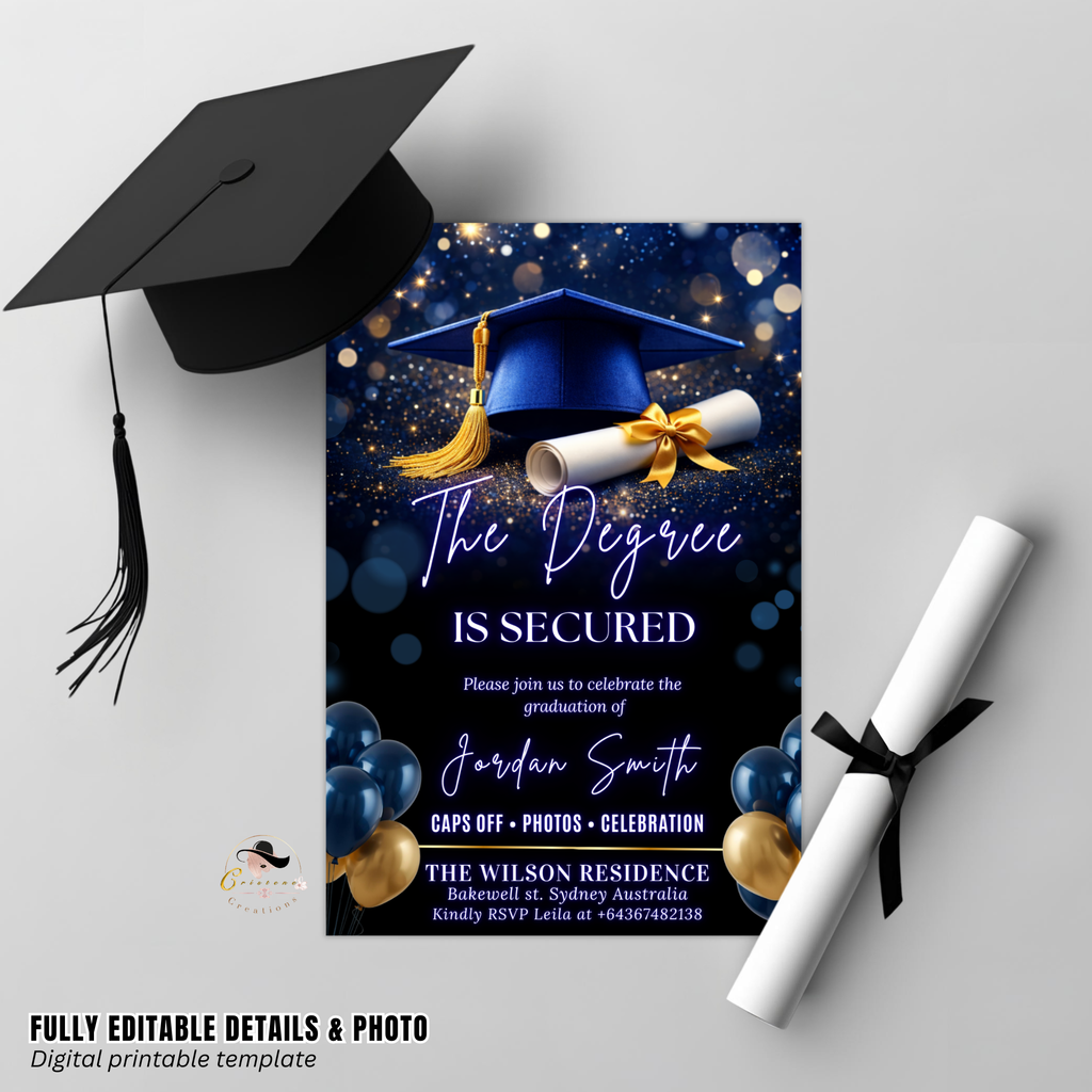 Graduation Announcement Invitation, Senior Grad Party invite, Class of 2026, Boy Girl Flyer Card, Blue Gold Digital Printable Template