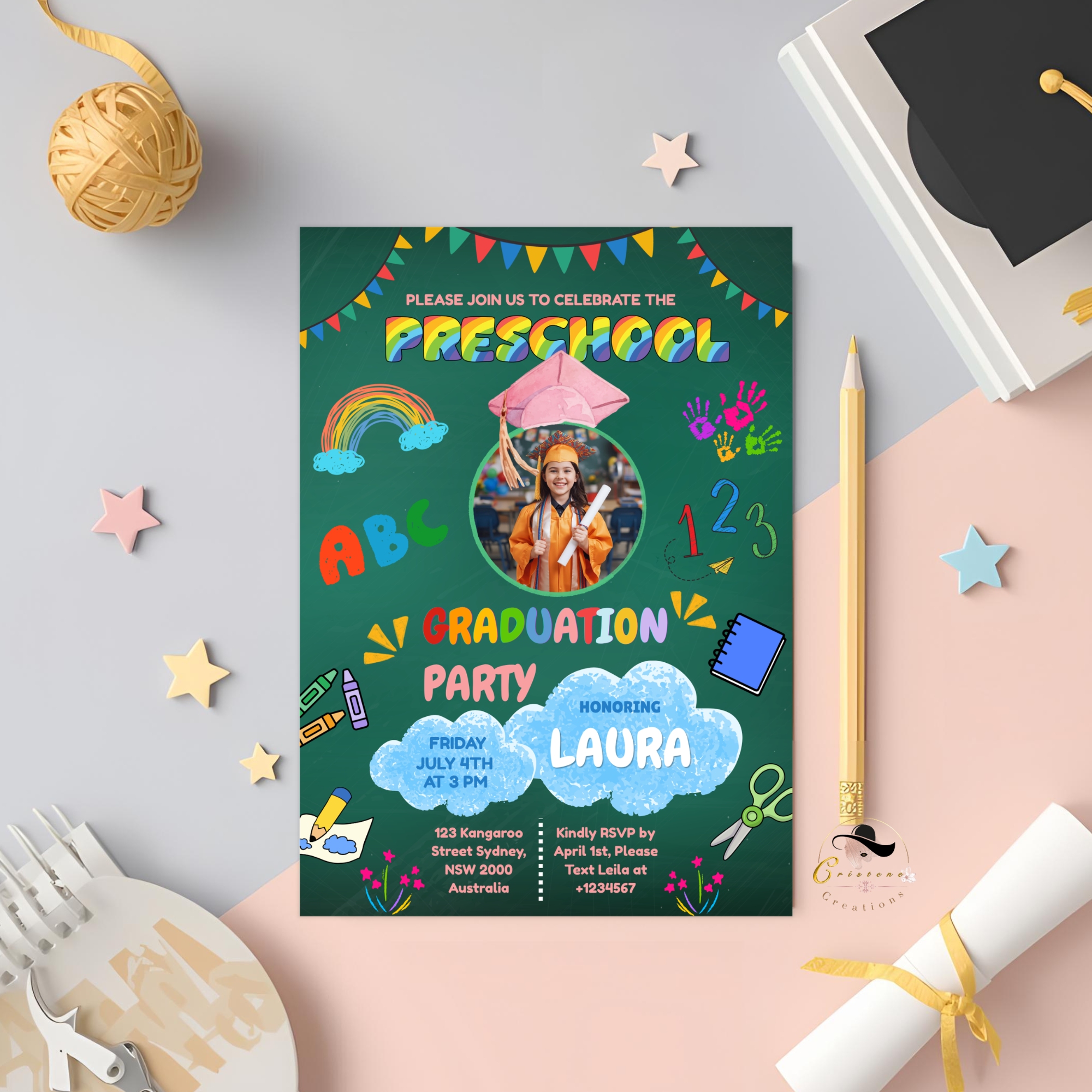Pre K Graduation Invite with Photo, Preschool Grad Invitation, Kindergarten Class of 2026 Kids Party Invite, Canva Printable Template