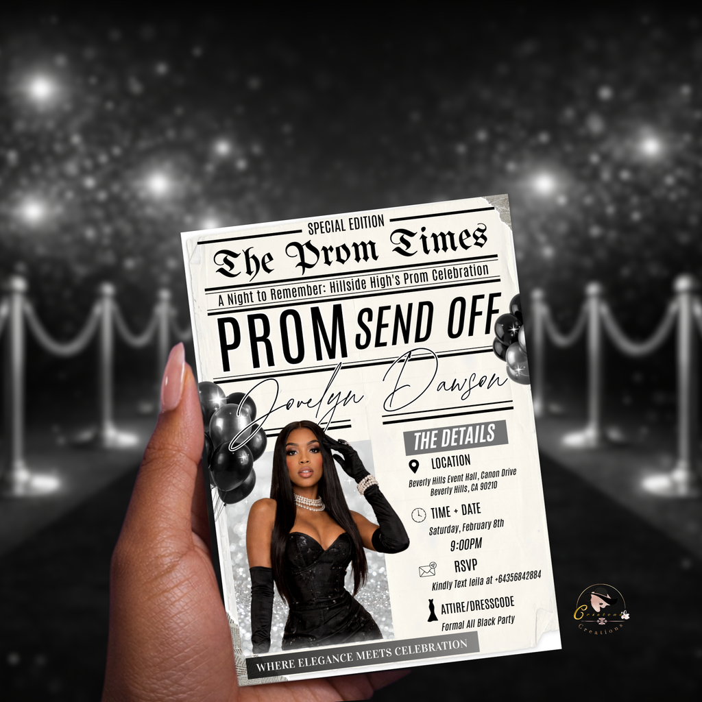Newspaper Prom Send Off Party Invitation, Black Silver Prom Queen with photo invite, Girl Prom Night Flyer Card, Digital Printable Template