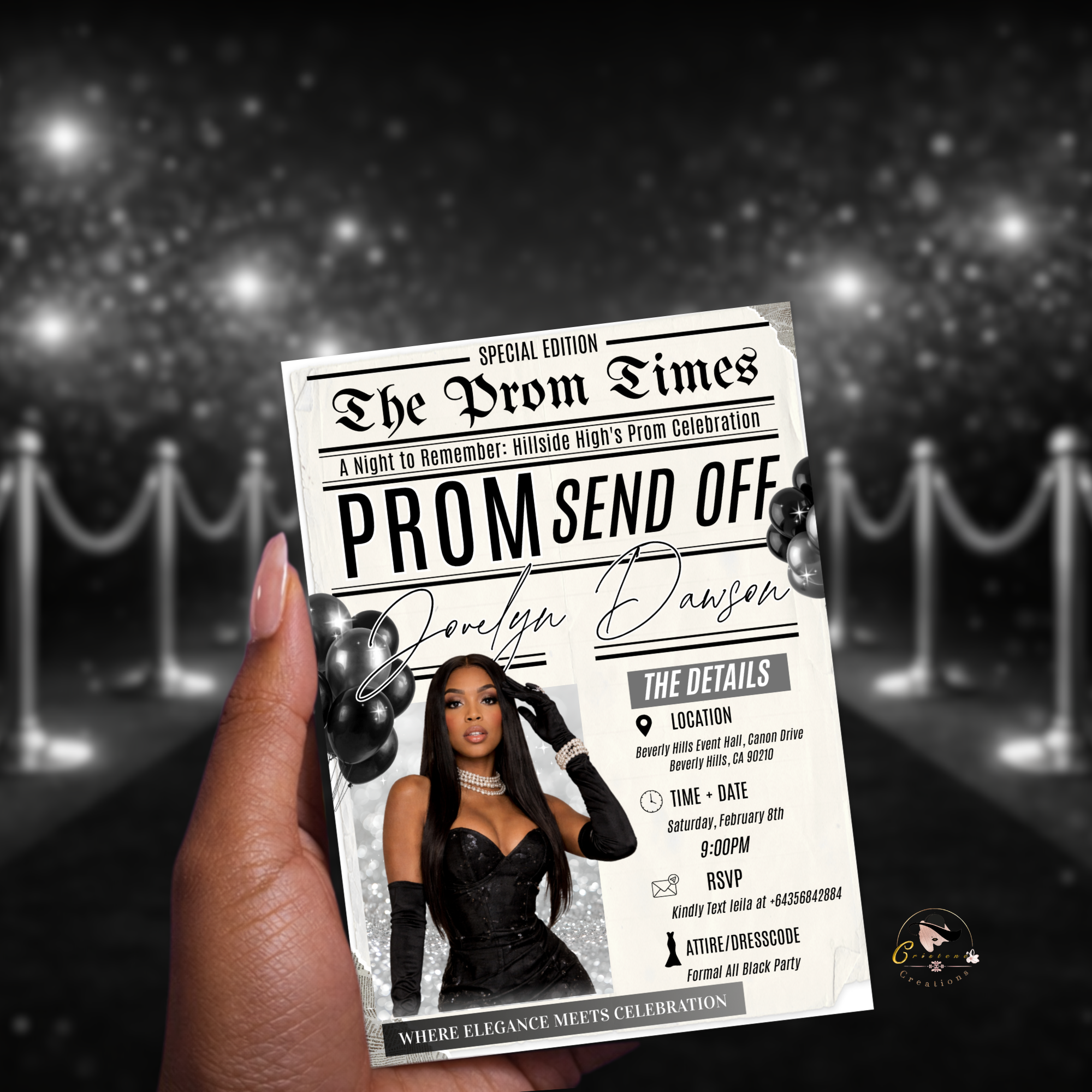 Newspaper Prom Send Off Party Invitation, Black Silver Prom Queen with photo invite, Girl Prom Night Flyer Card, Digital Printable Template
