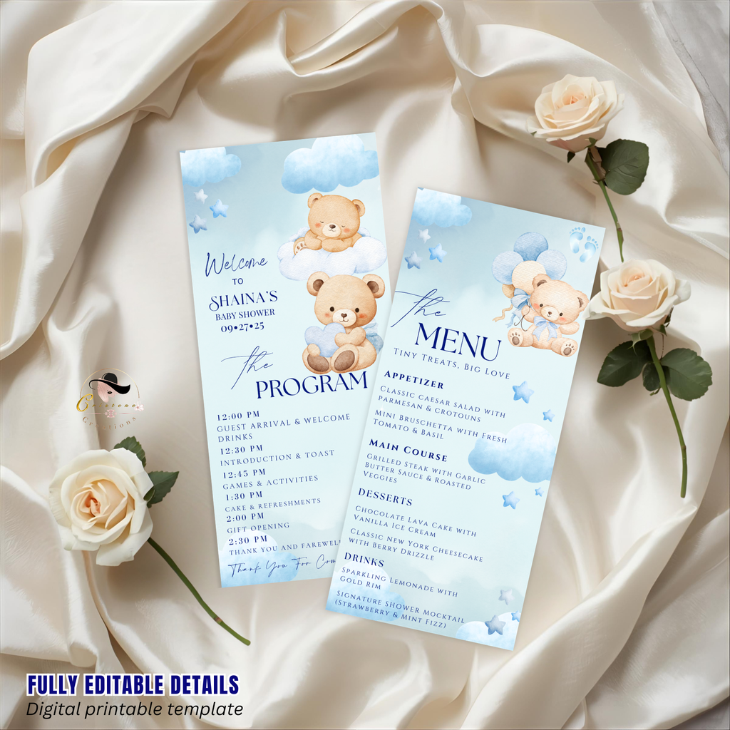 Cloud 9 Baby Shower Menu and Program Template, Blue Baby Shower Teddy Bear Theme Order of Events, Menu Card Editable Digital Printable Canva