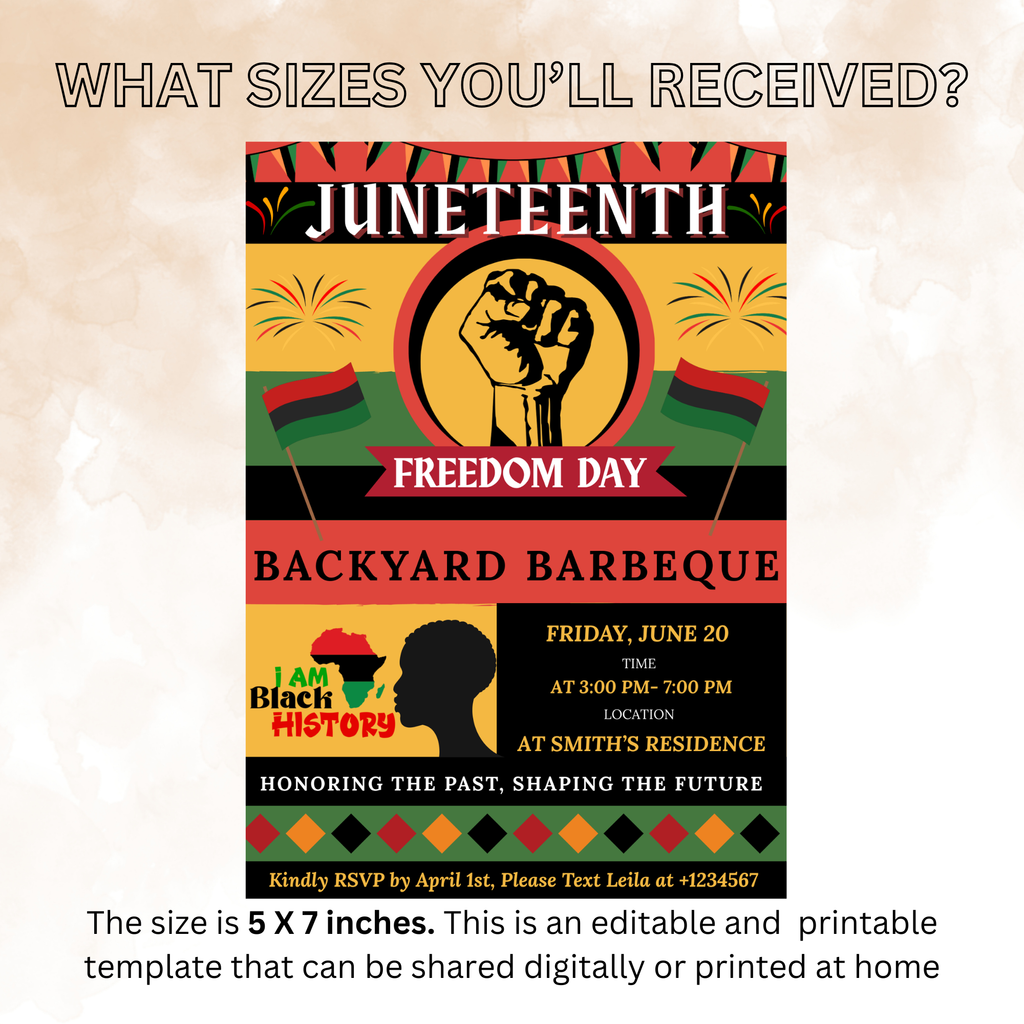 Juneteenth Invitation, Independence Day, Black Freedom Celebration Flyer Card, BBQ Party Invite, Cookout Invite, Digital Printable Template