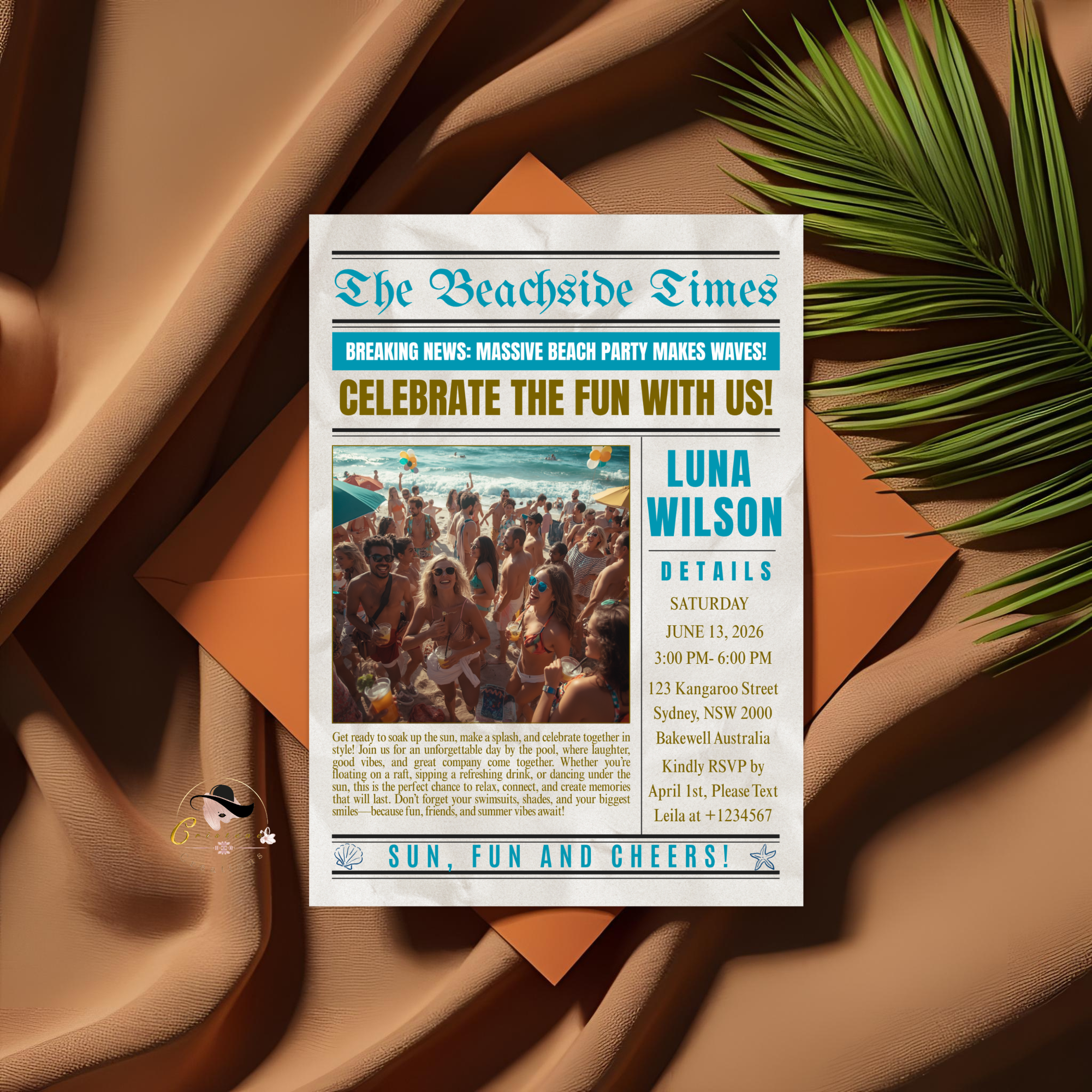 Newspaper Beach Party Invitation with Photo, Tropical Summer Birthday Invite, Adult Beach Celebration, Printable Editable Canva Template