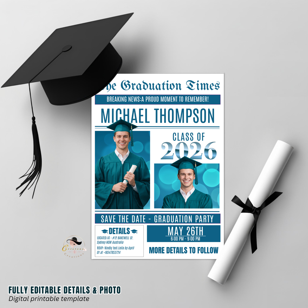 Teal Graduation Save the Date Invitation, Newspaper Grad Party with photo Invite, High School Class 2026 Boy Girl Digital Printable Template