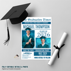 Teal Graduation Save the Date Invitation, Newspaper Grad Party with photo Invite, High School Class 2026 Boy Girl Digital Printable Template
