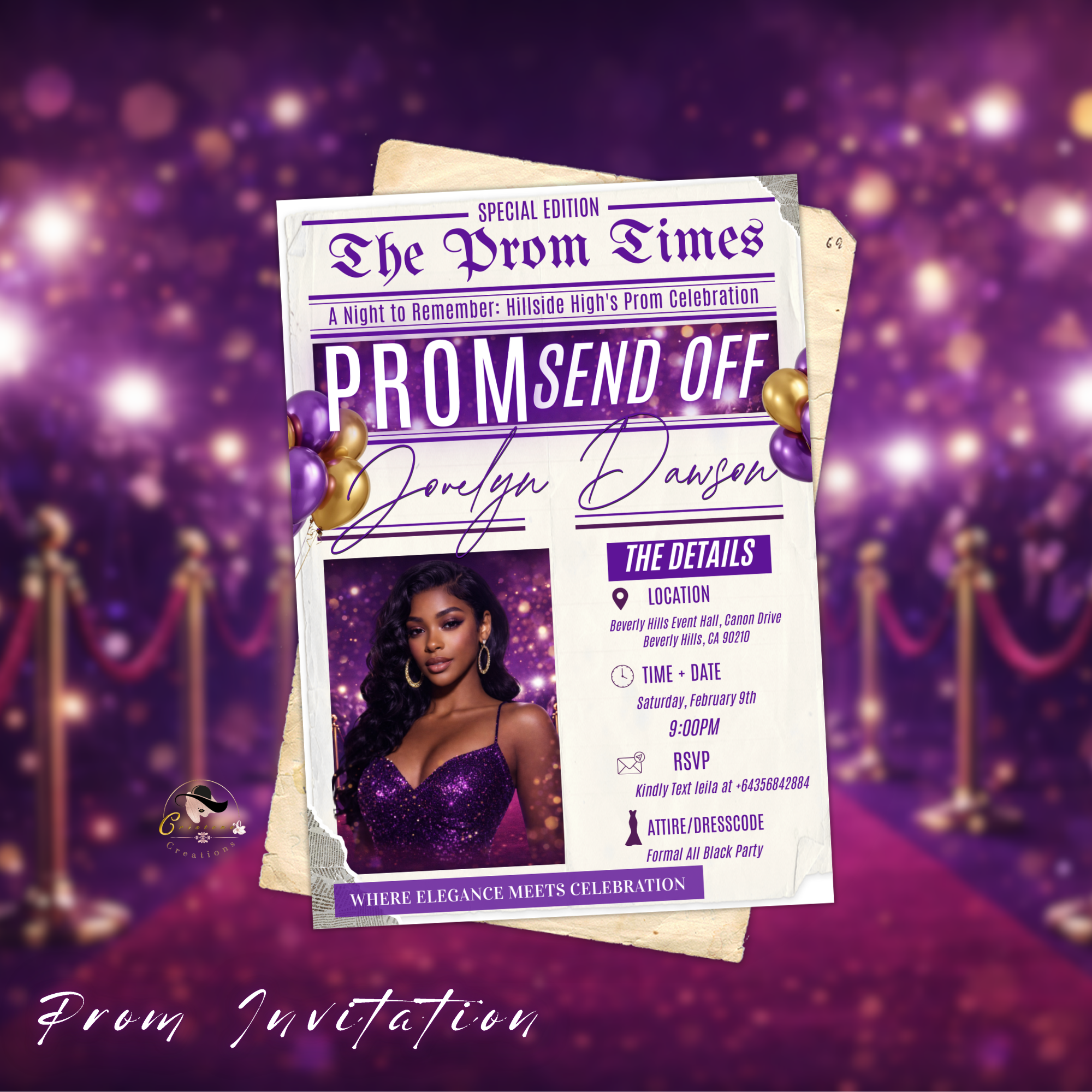 Newspaper Prom Send Off Party Invitation, Purple Prom Queen with photo invite, Girls Prom Night Flyer Card, Digital Printable Template