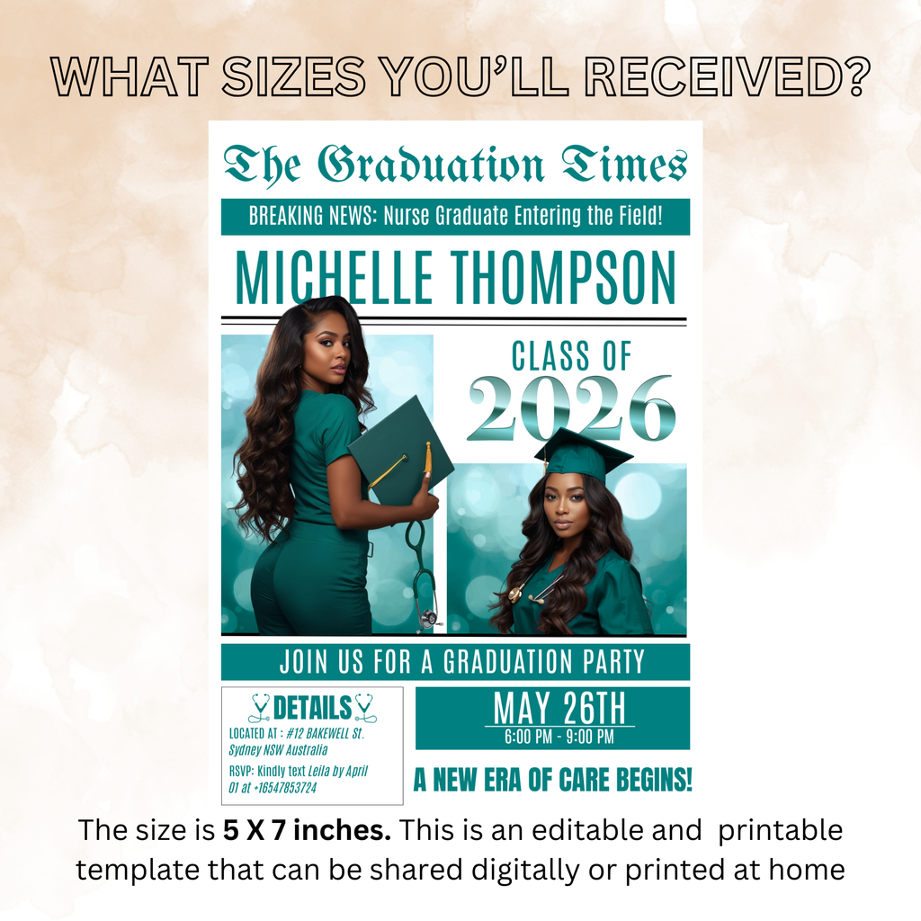 Newspaper Nurse Graduation Announcement Invitation, RN Pinning Ceremony with photo invite, LPN Nursing Graduates, BSN Green Flyer Template