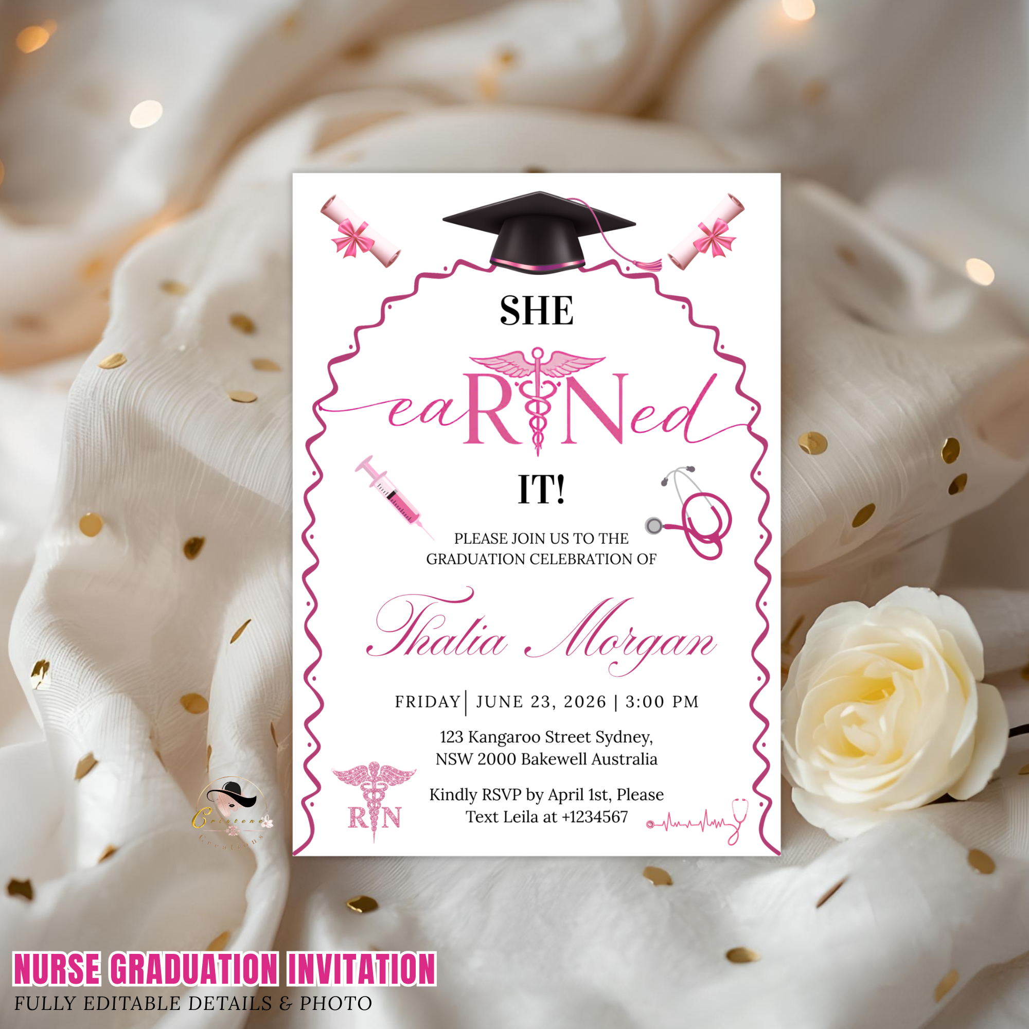 Pink Nurse Graduation Invitation for Her, Pink RN BSN LPN Cna Pinning Ceremony Invite, Nursing Grad Invite Editable Canva Printable Template