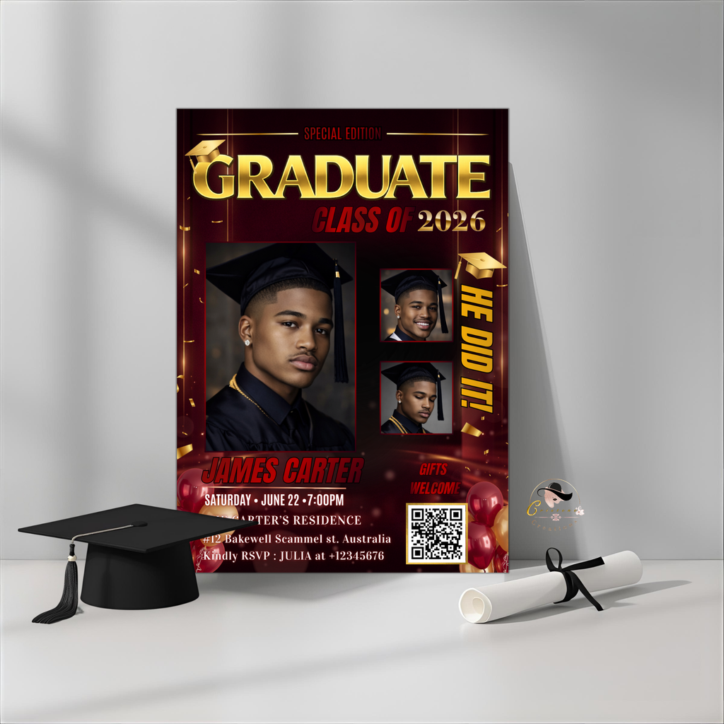 Boy Graduation Invitation, Senior Grad Party with photos invite, Male College High school Graduates Announcement, Maroon Gold Flyer Template