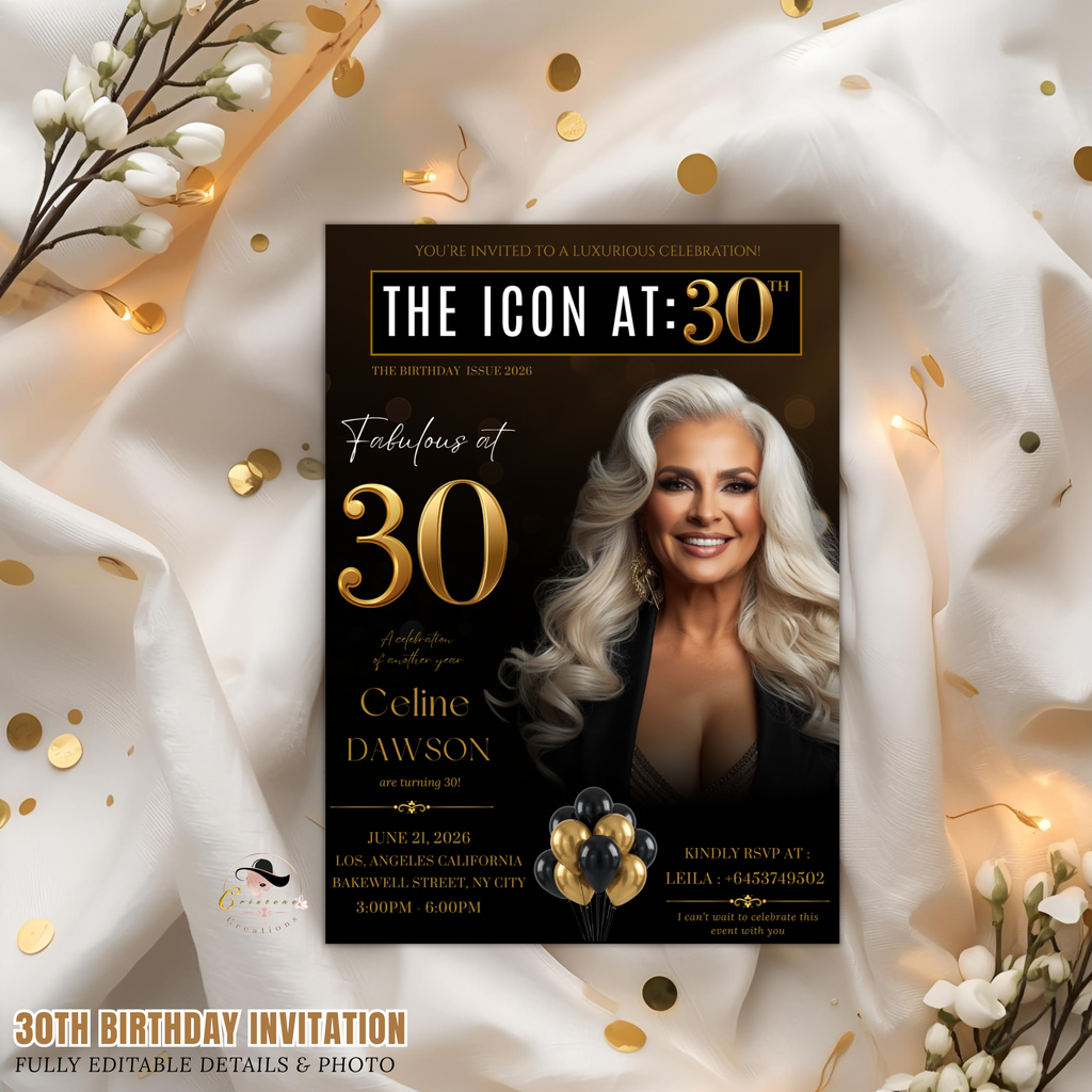 Black Gold 30th Birthday Invitation for Man and Woman, 30 and Fabulous, Elegant Birthday Dinner Invite, Photo Invitation Card Template