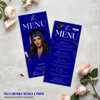 Blue Graduation Menu with Photo, High School College Grad Dinner Menu Class of 2026, Girl Boy Graduates Menu Card, Editable Canva Template