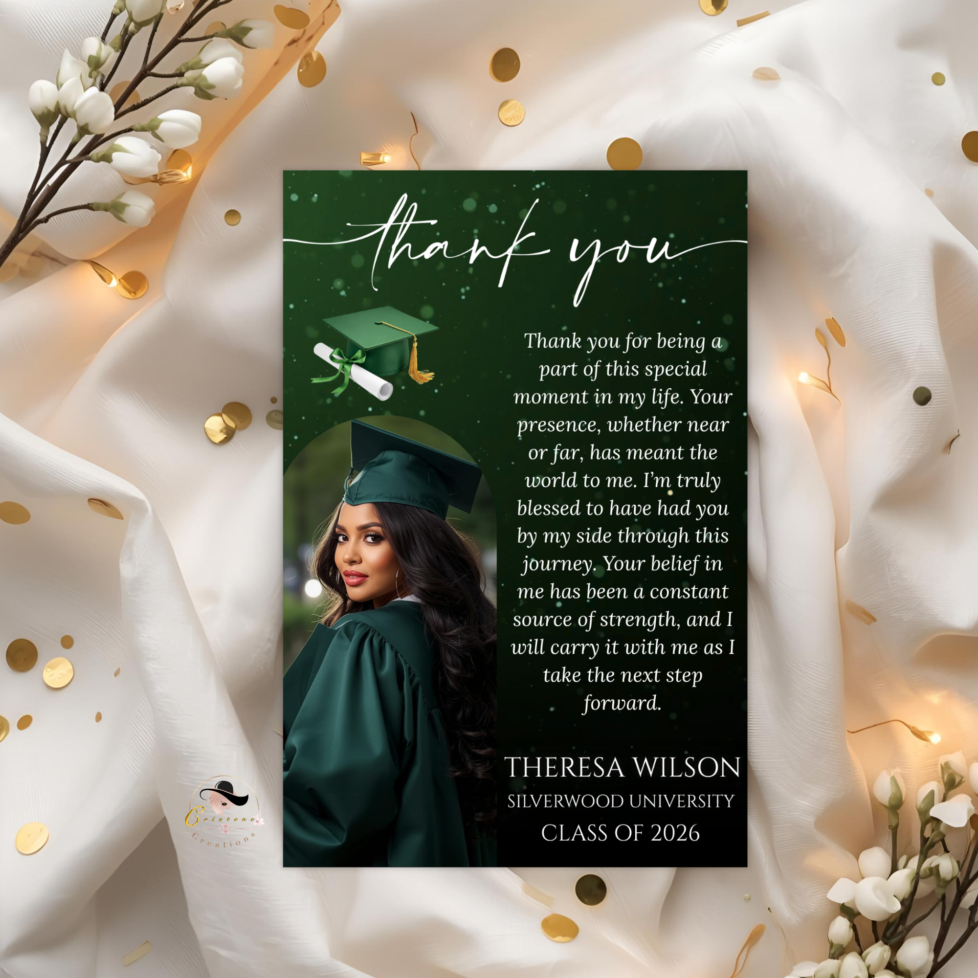 Graduation Thank You Card with Photo, High School College Grad Party Thank You Note For Him Her, Green Editable Printable Digital Template