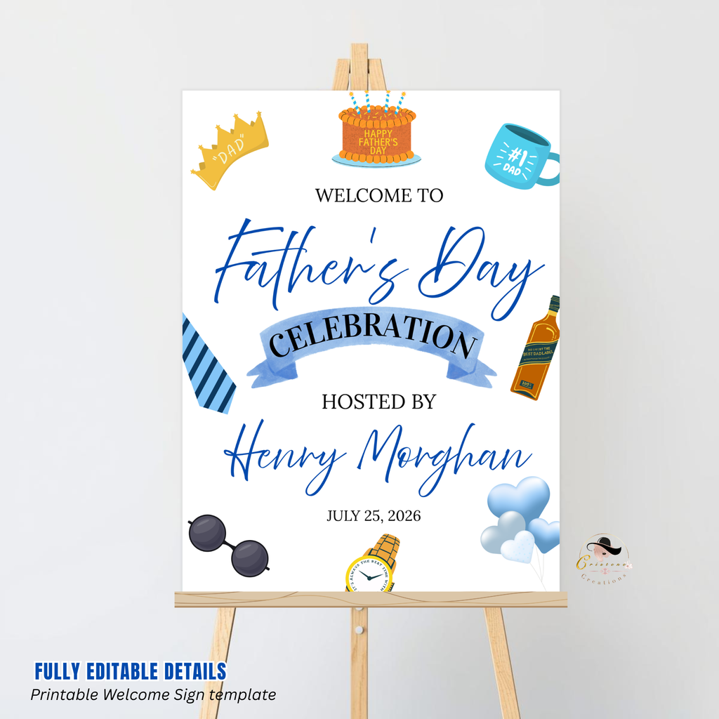 Fathers Day Welcome Sign, Dad Party Poster Sign, Brunch Dinner Drinks Celebration, Welcome Board Sign, Editable Canva Printable Template
