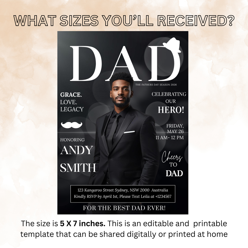 Father’s Day Invitation Magazine Style with Photo, Suit and Tie Dad Party Invite, Brunch or Dinner Invite, Canva Printable Digital Template