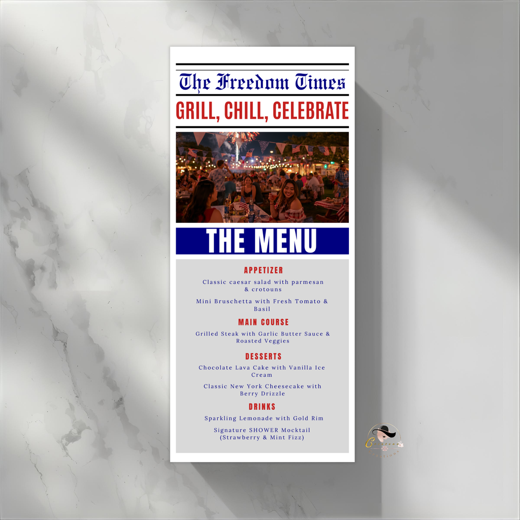 4th of July Party Menu with Photo, BBQ Cookout Fireworks Pool Party Printable Menu, July Fourth, Independence Day, Newspaper Style Template