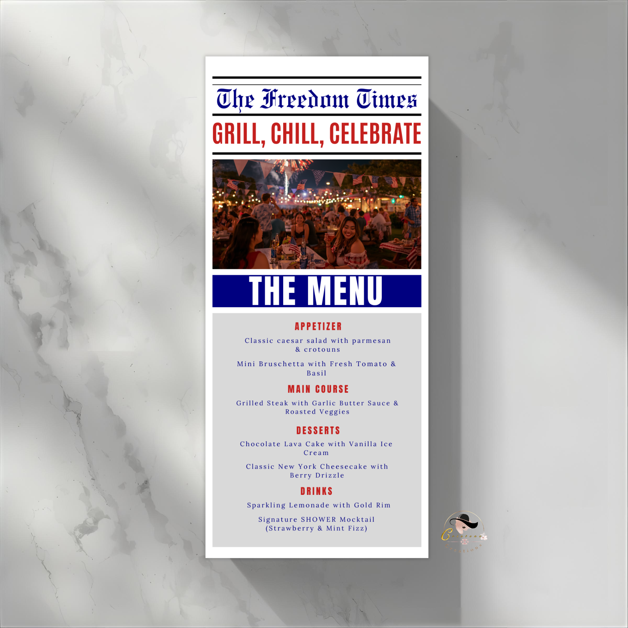 4th of July Party Menu with Photo, BBQ Cookout Fireworks Pool Party Printable Menu, July Fourth, Independence Day, Newspaper Style Template