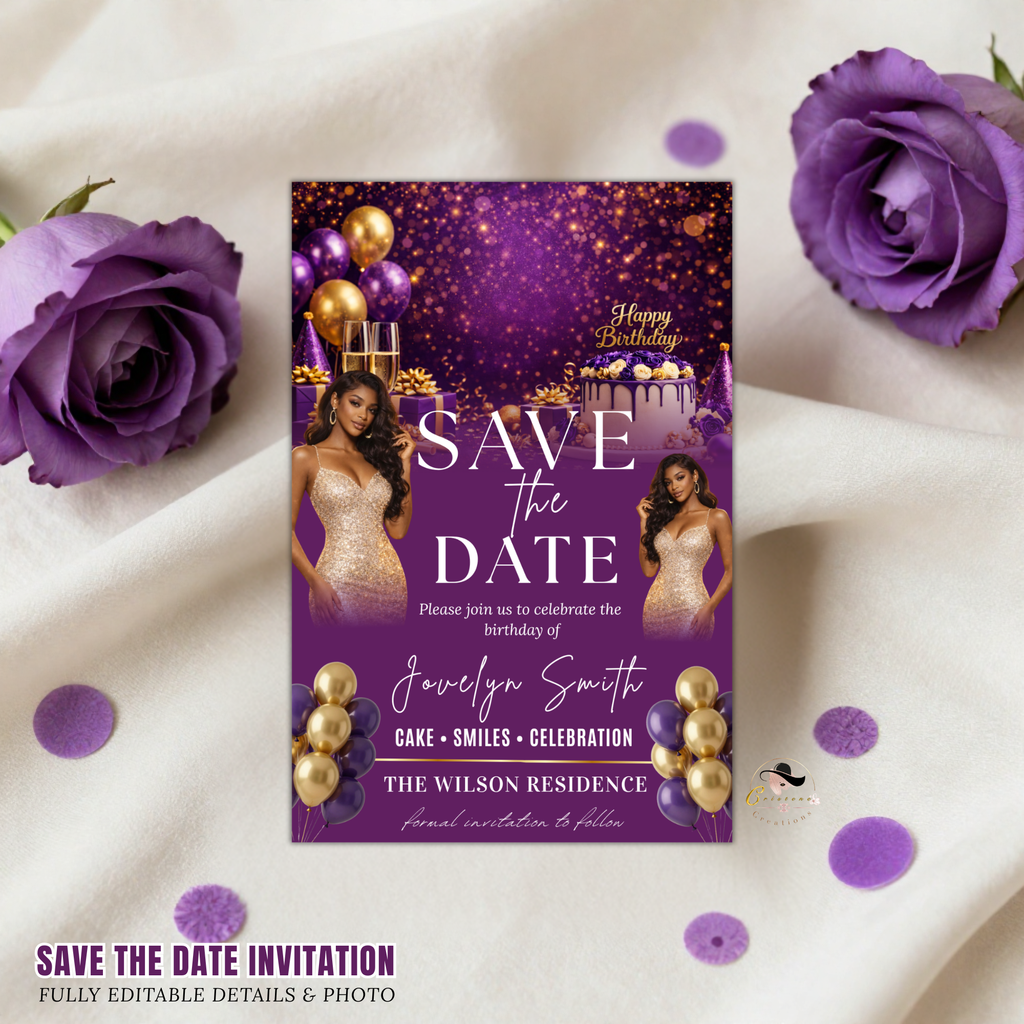 Save the Date Birthday Invitation, Purple Gold Save Date Party with photo Invite, Elegant Dinner Event Card, Printable Digital Template