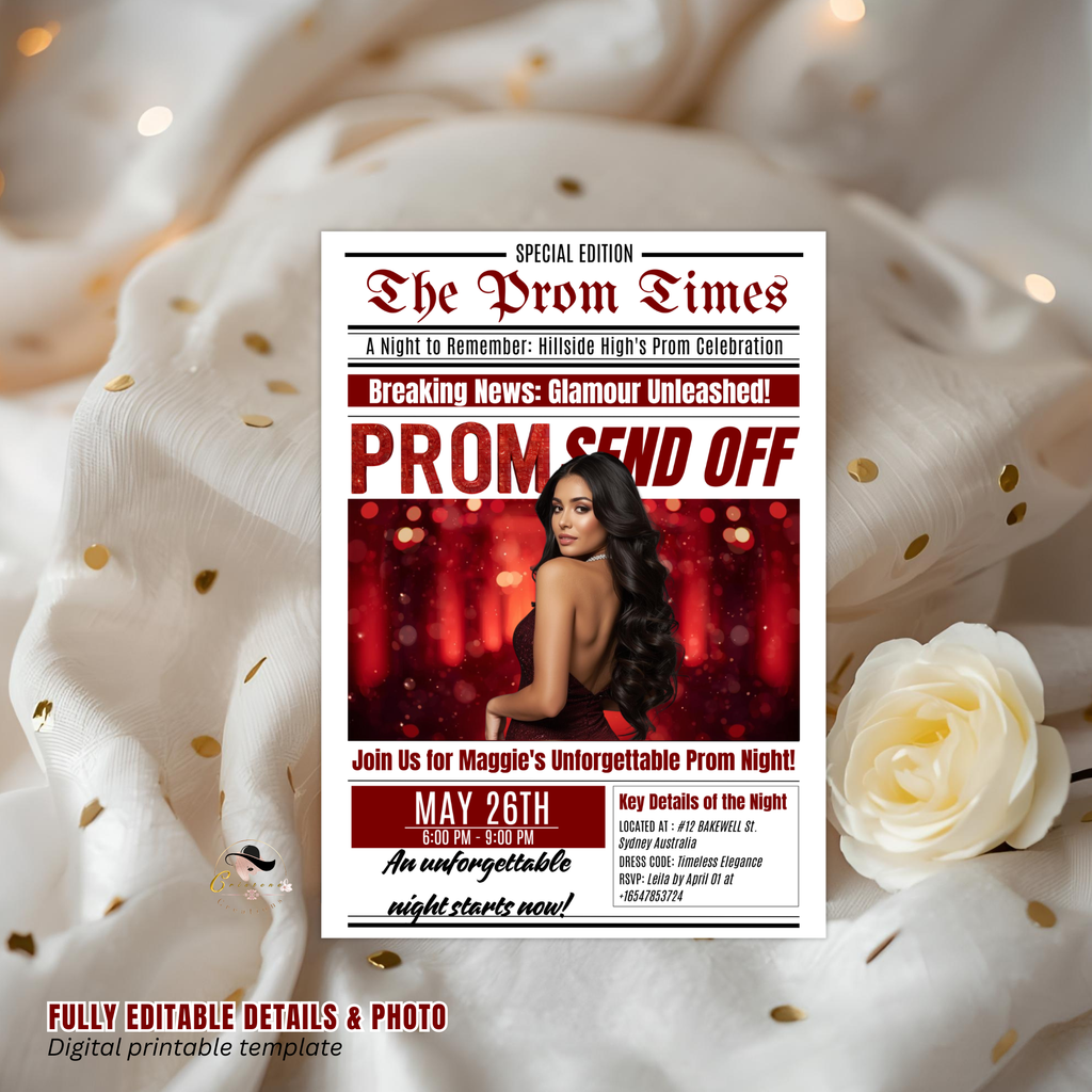 Newspaper Prom Send Off Invitation, Red Prom Queen with photo invite, Teen Boy Prom Night Party Flyer, Highschool Digital Printable Template