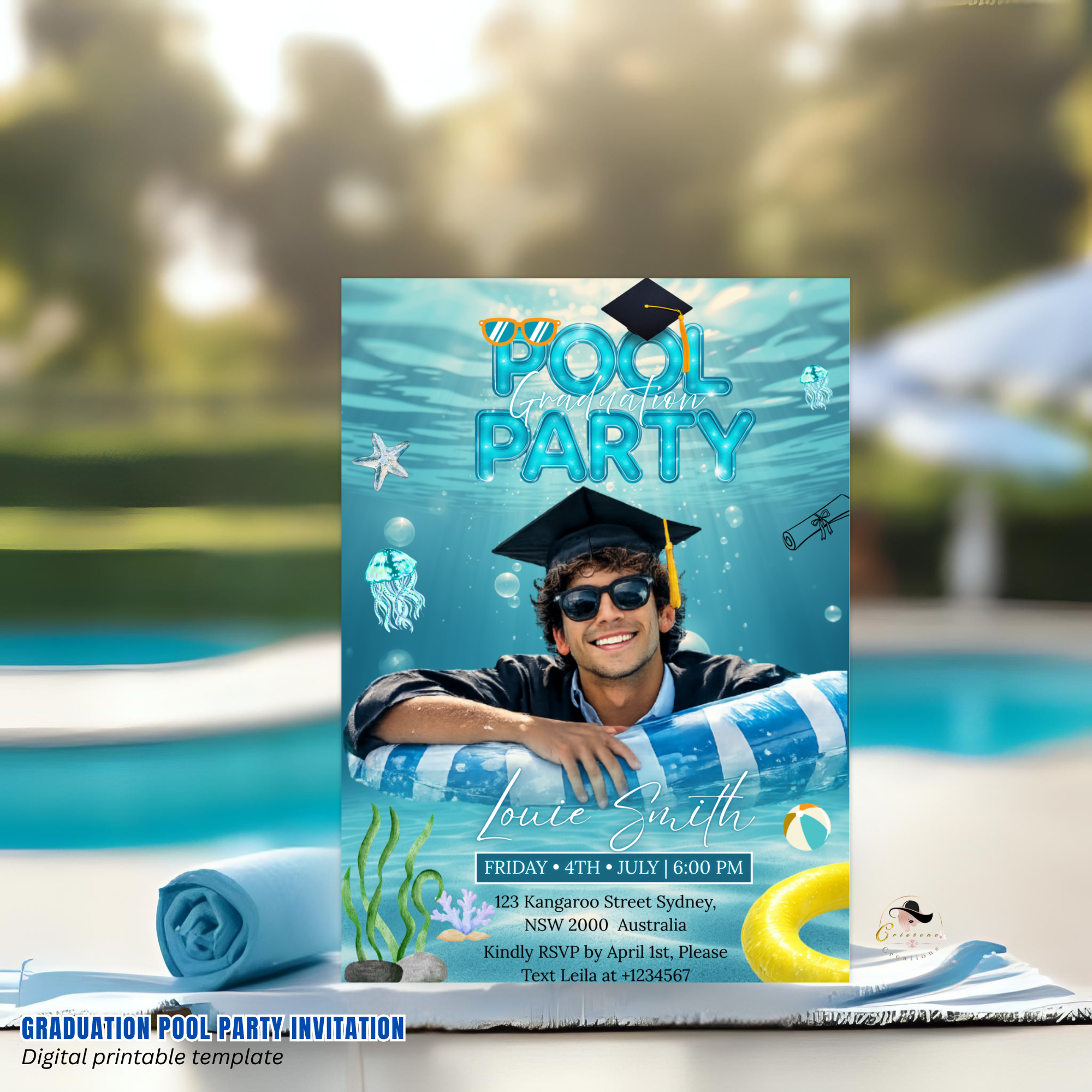 Pool Party Graduation Invitation with Photo, Summer Tropical Senior Grad Party Invite for Him and Her, Printable Editable Digital Template