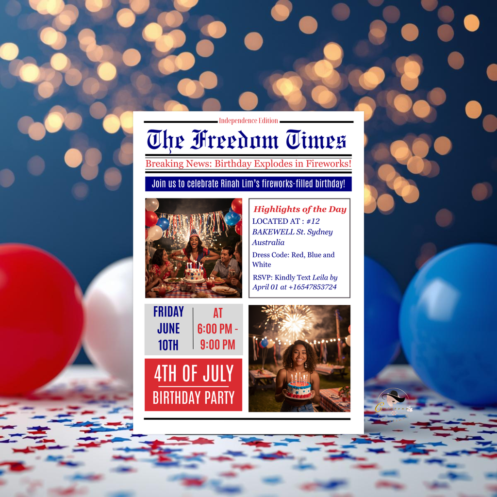 Newspaper 4th of July Birthday Invitation with Photo, Patriotic BBQ Cookout Party Invite, Dinner Brunch Invite, Printable Digital Template